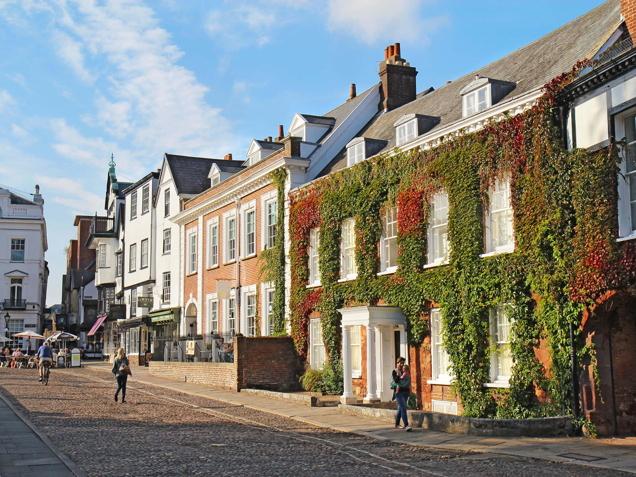 Exeter, historic cathedral close, cobblestone street, Full HD Desktop Wallpaper