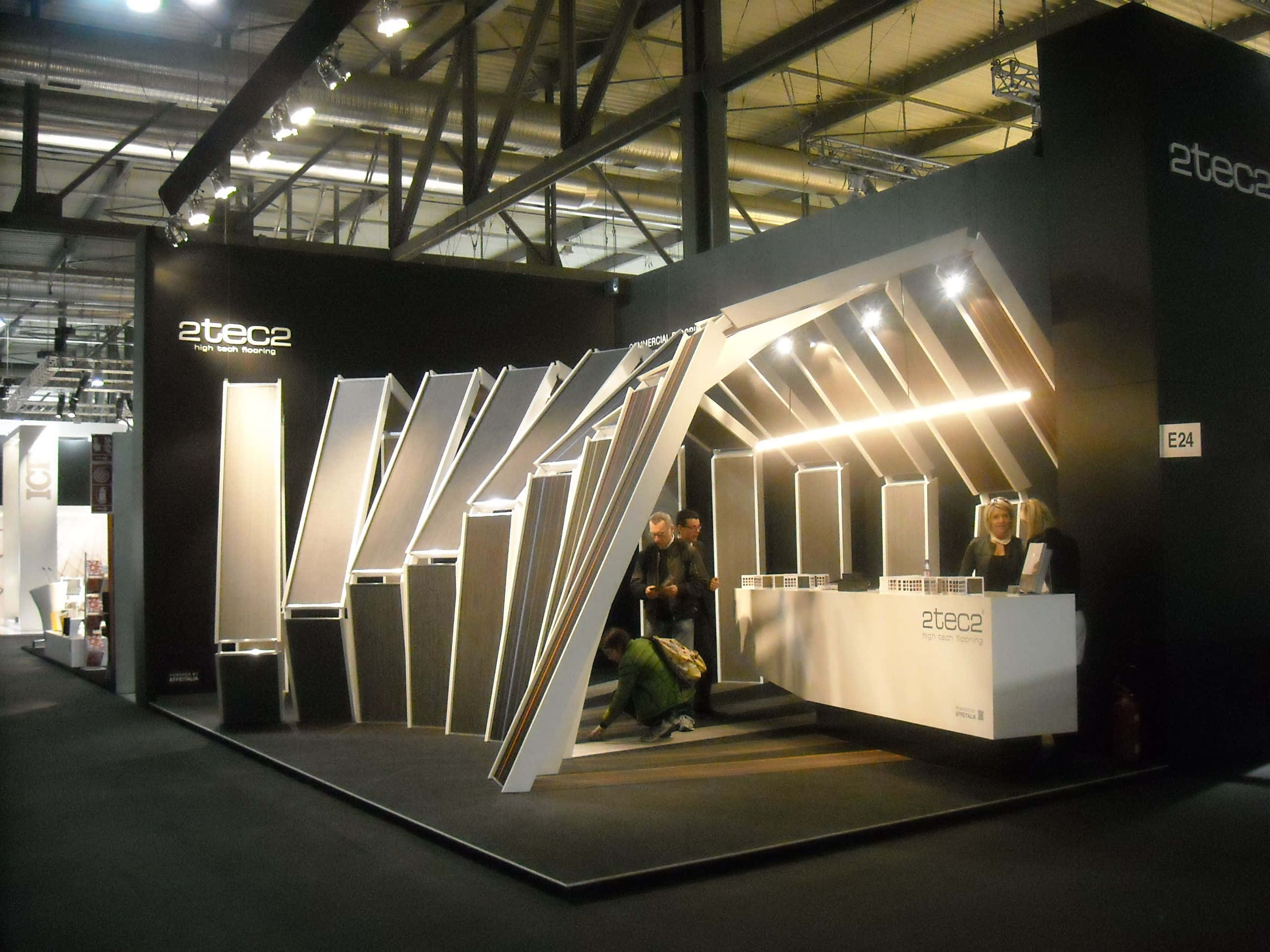 Exhibition, modern sleek white geometric booth, illuminated panels, 2K Desktop Wallpaper