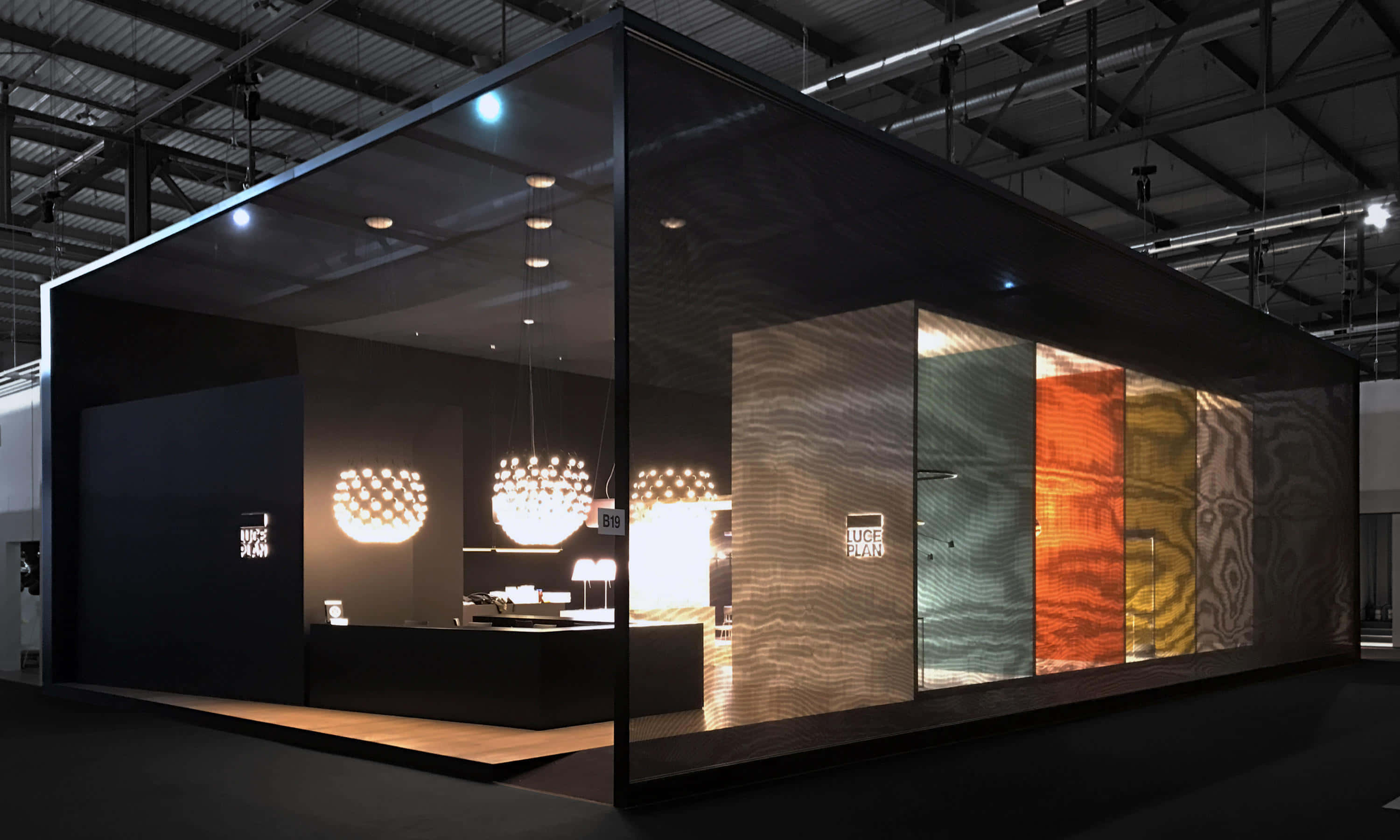 Exhibition, glass-walled showroom, glowing chandeliers, 2K Desktop Wallpaper