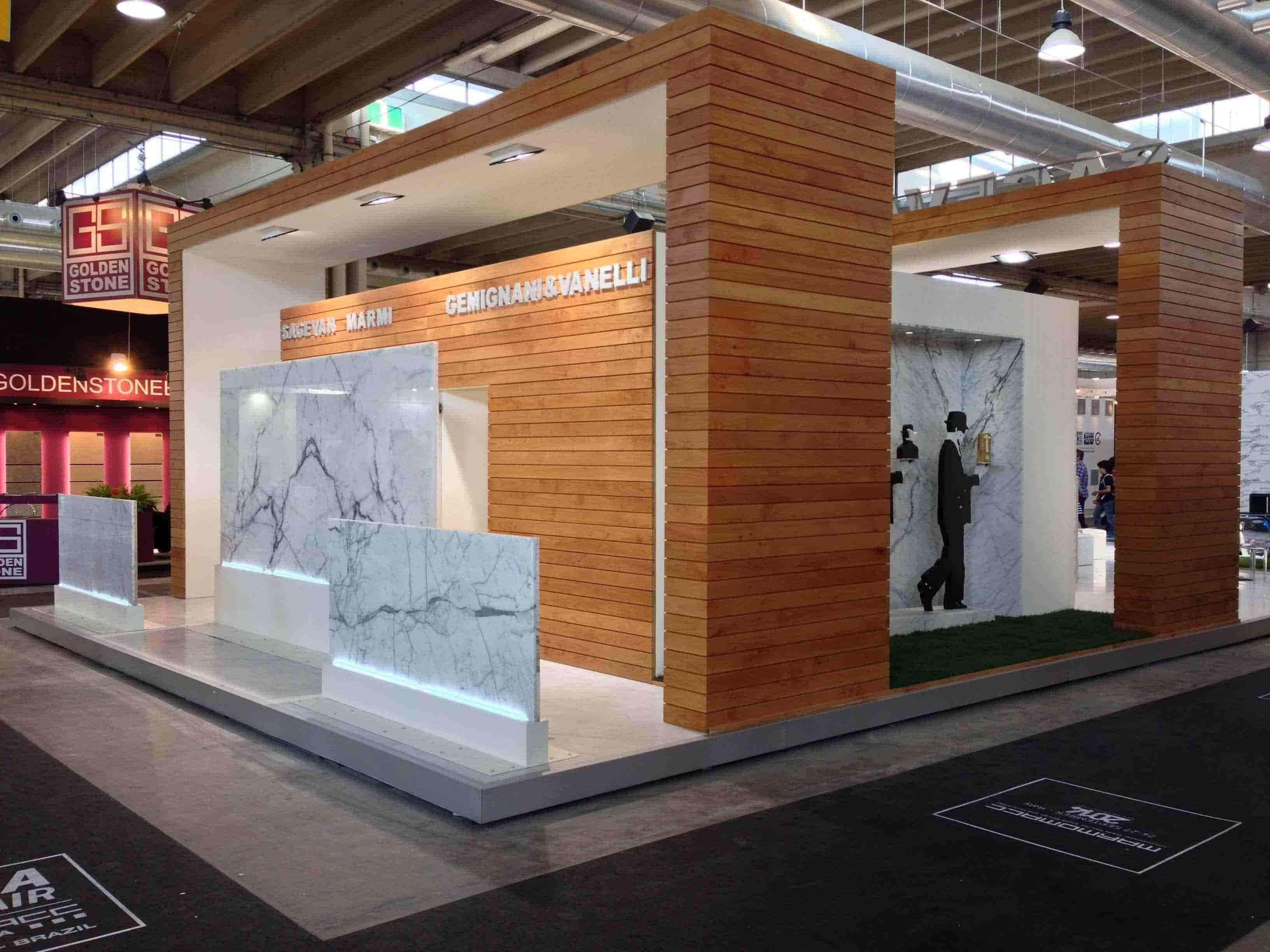 Exhibition, modern trade show booth, warm wood panels, 2K Desktop Wallpaper