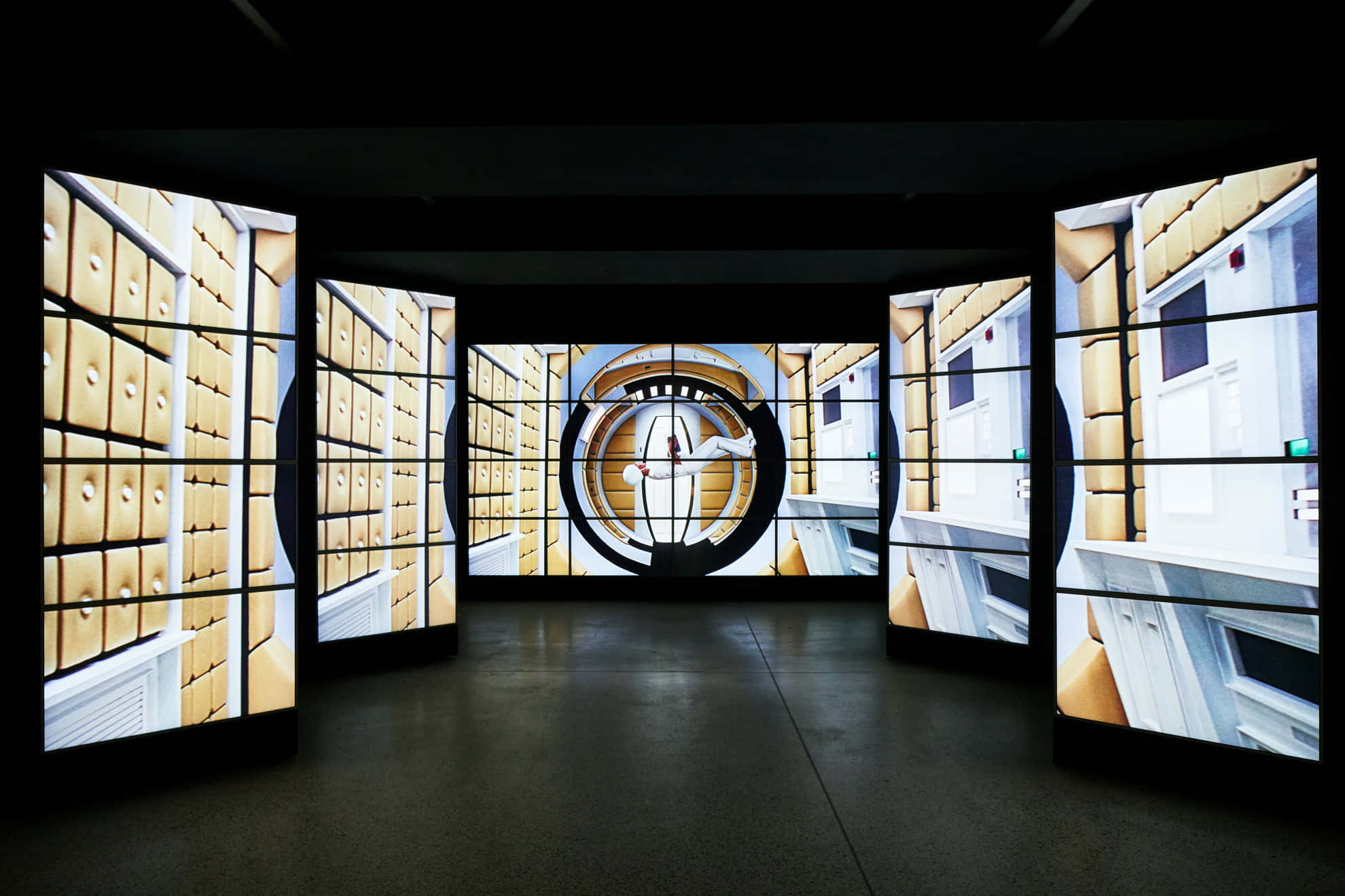 Exhibition, curved digital screens, surreal, looping hallway, Full HD Desktop Wallpaper