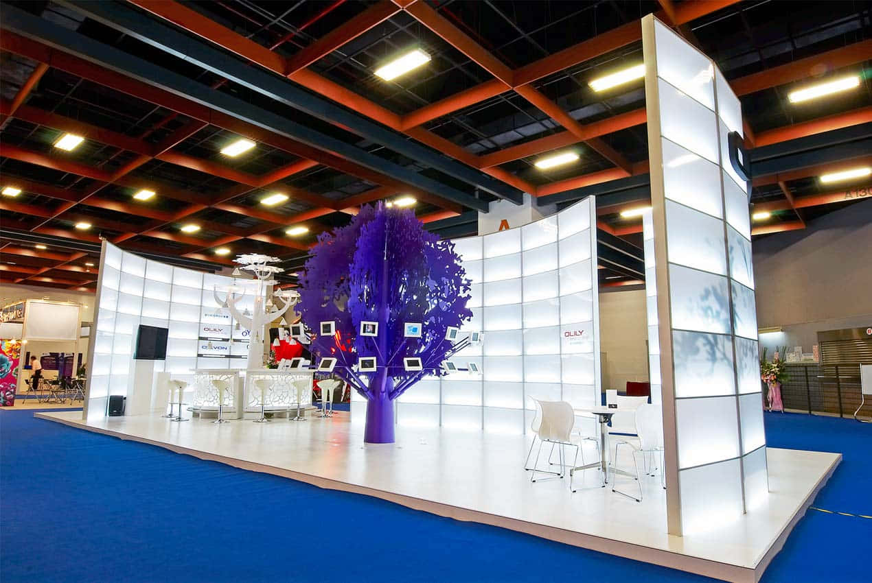 Art Exhibition, glowing purple tree, white furniture, SD Desktop Wallpaper