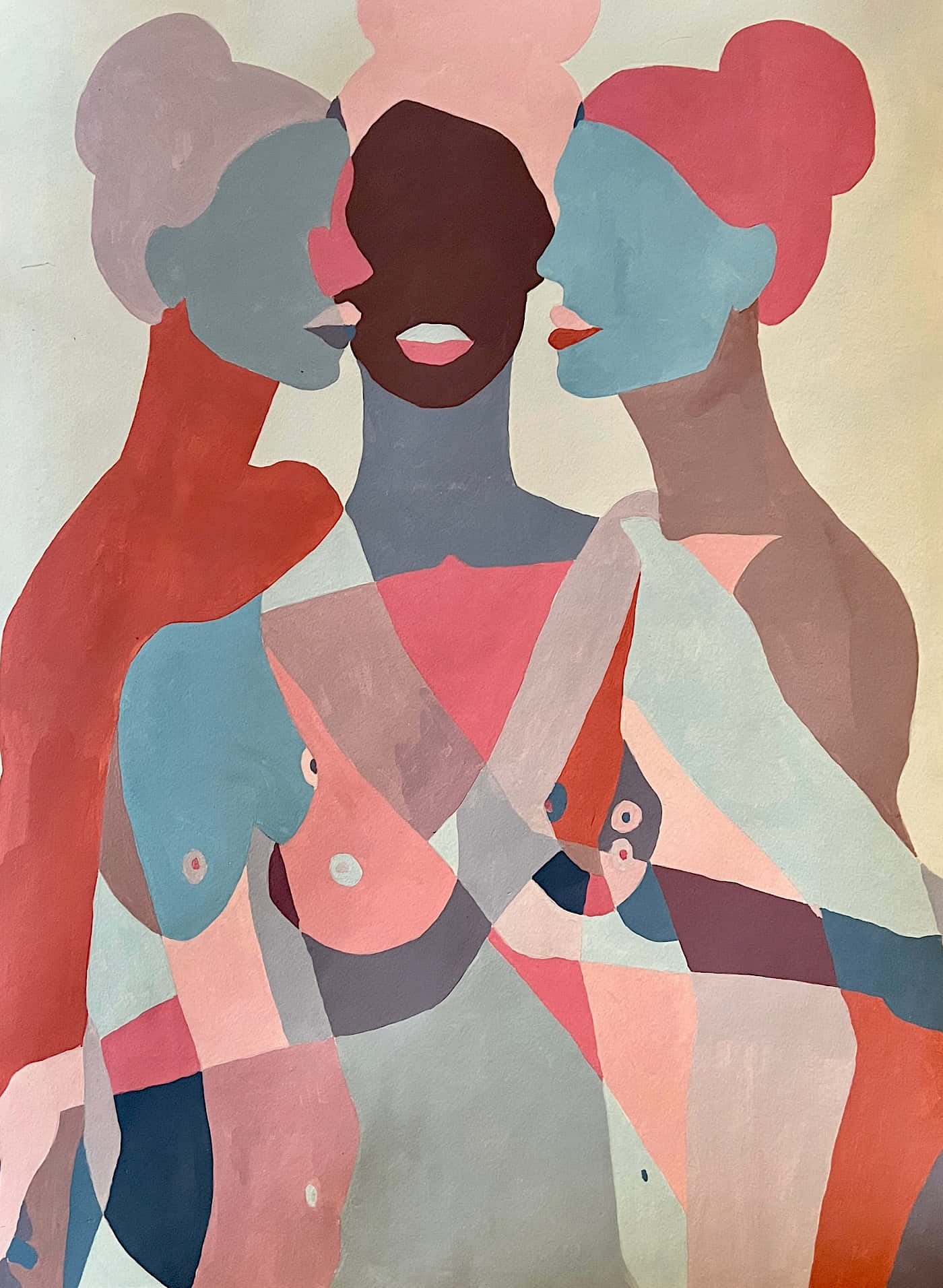 Multifaceted Art Exhibit, three stylized women, geometric forms, HD Phone Wallpaper