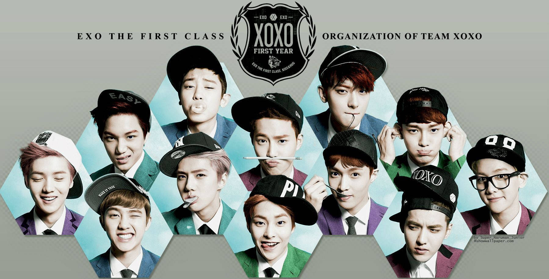 EXO, hexagonal collage layout, colorful suits, HD Desktop Wallpaper