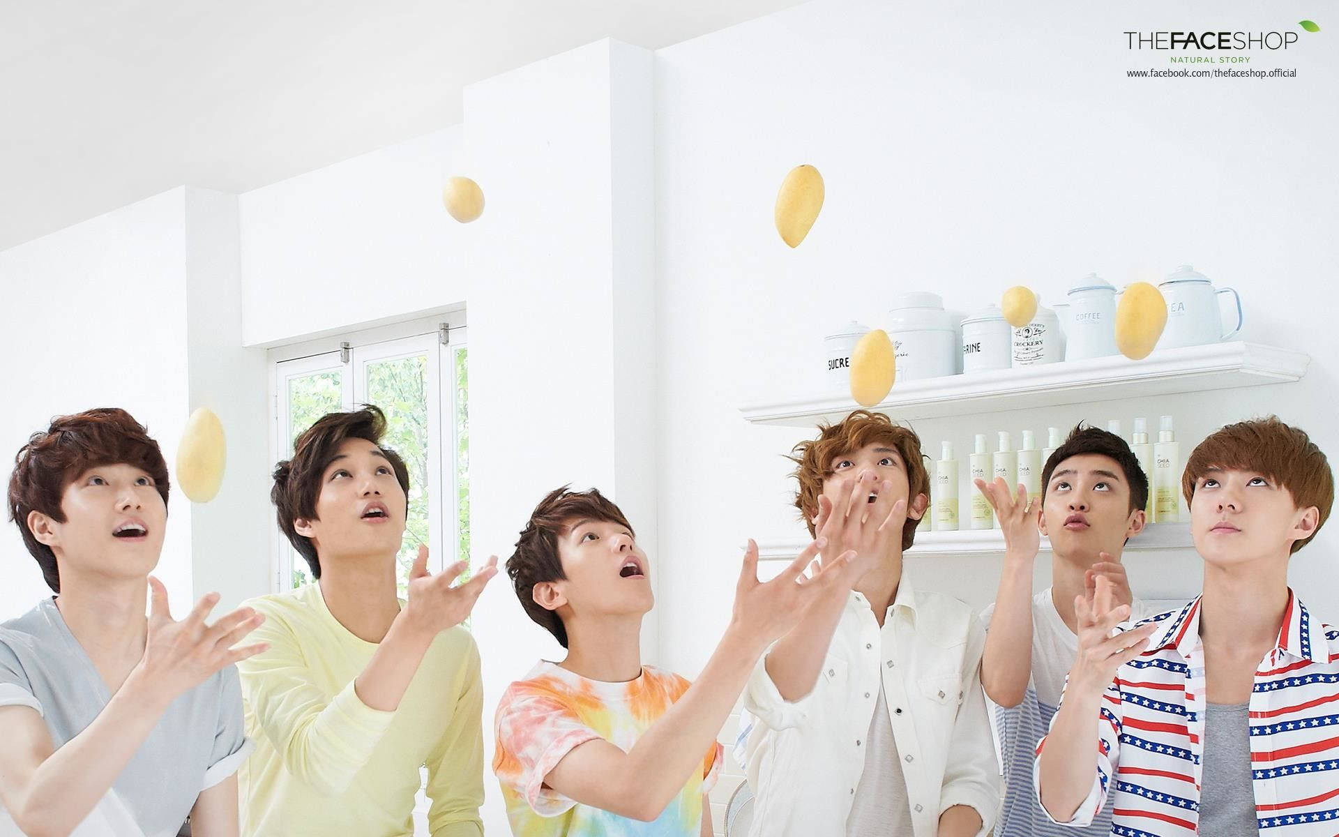 The Face Shop Exo Desktop, five young men, bright white room, Full HD Desktop Wallpaper