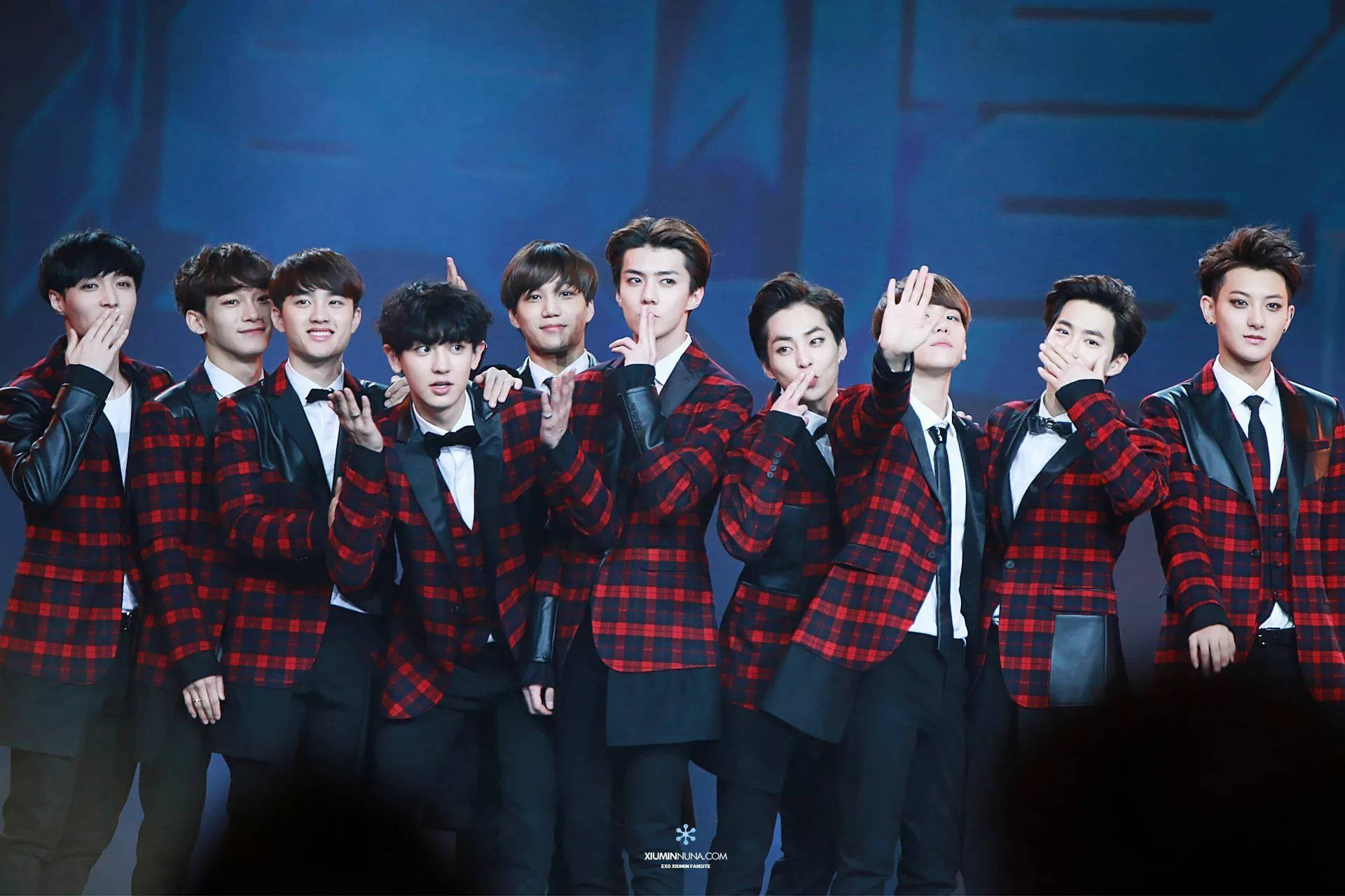 Exo, red plaid jackets, dimly lit stage, Full HD Desktop Wallpaper