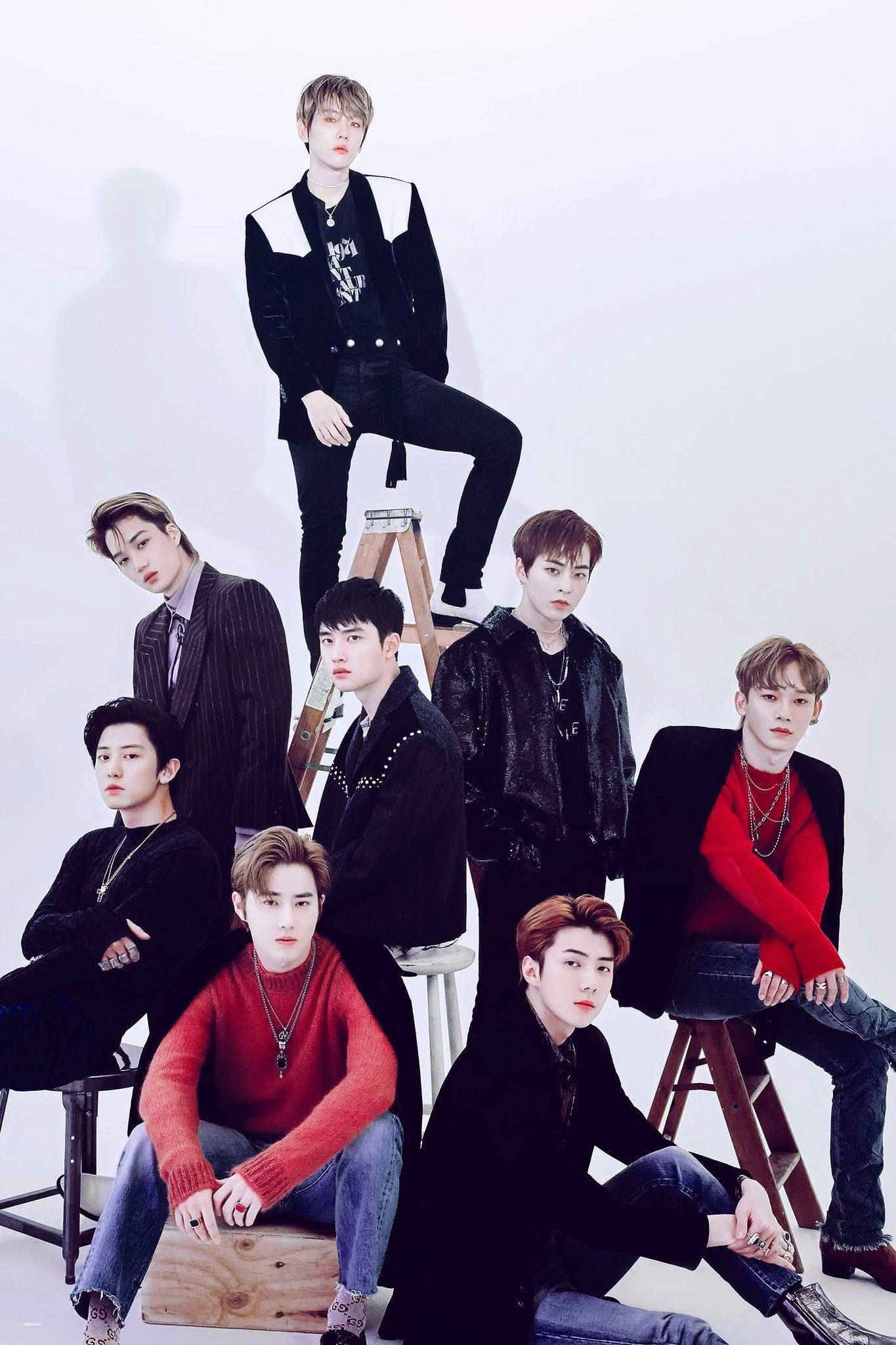 EXO, Korean-Chinese Boy Band, wooden stools, Full HD Phone Wallpaper
