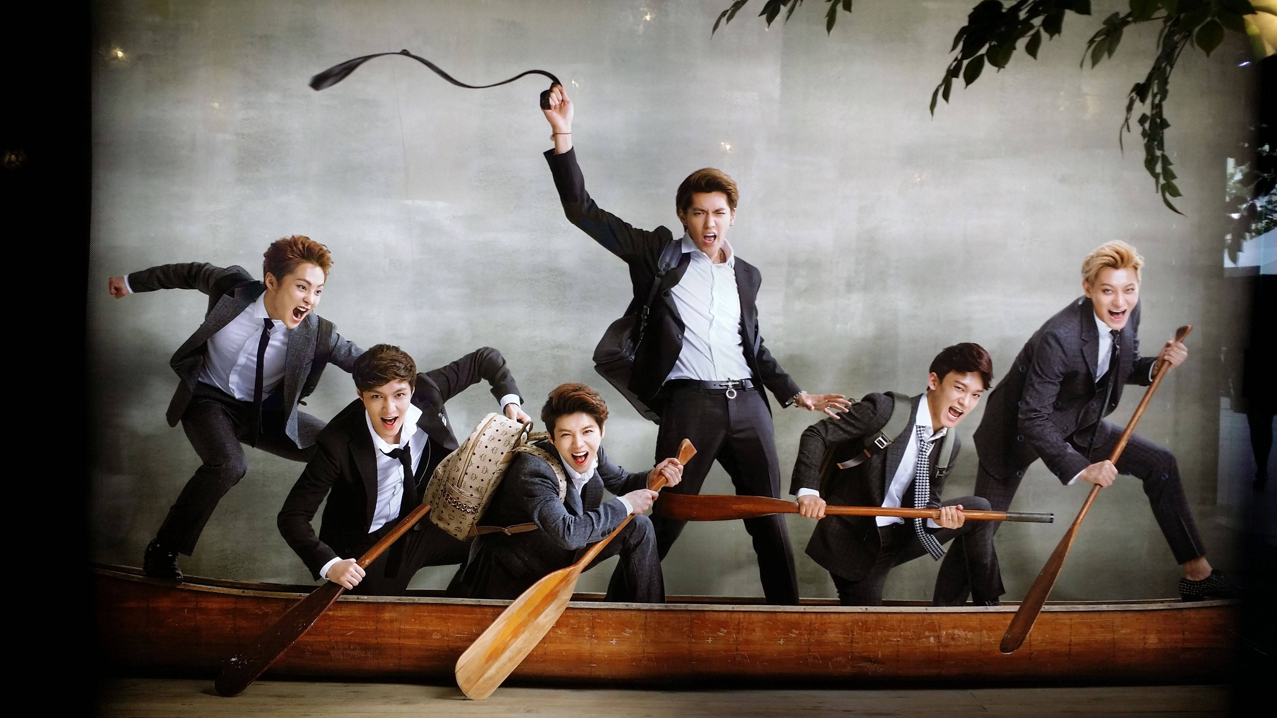 Exo, six men in suits, wooden canoe, 4K Desktop Wallpaper