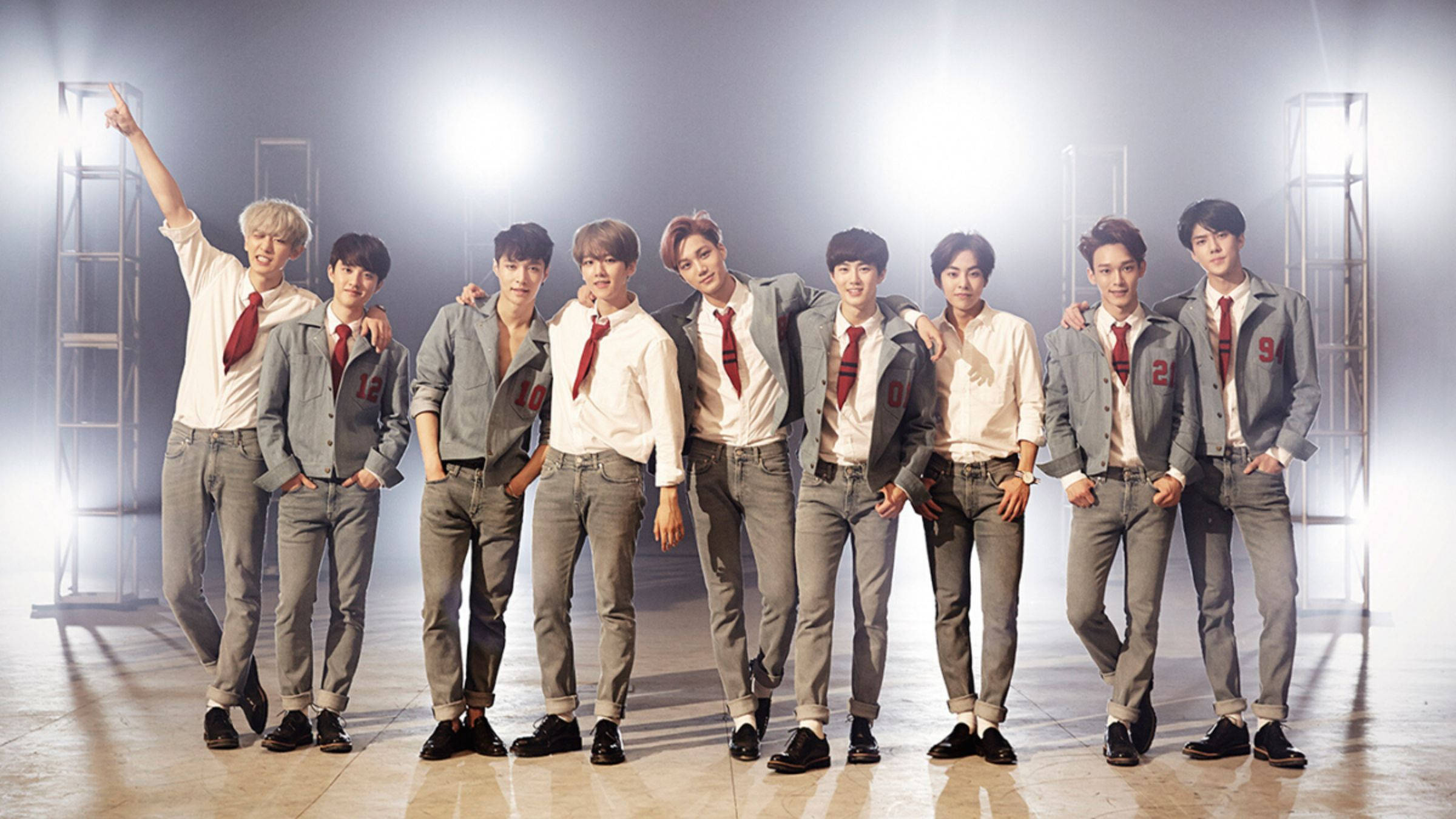 EXO, gray jackets, red ties, Full HD Desktop Wallpaper