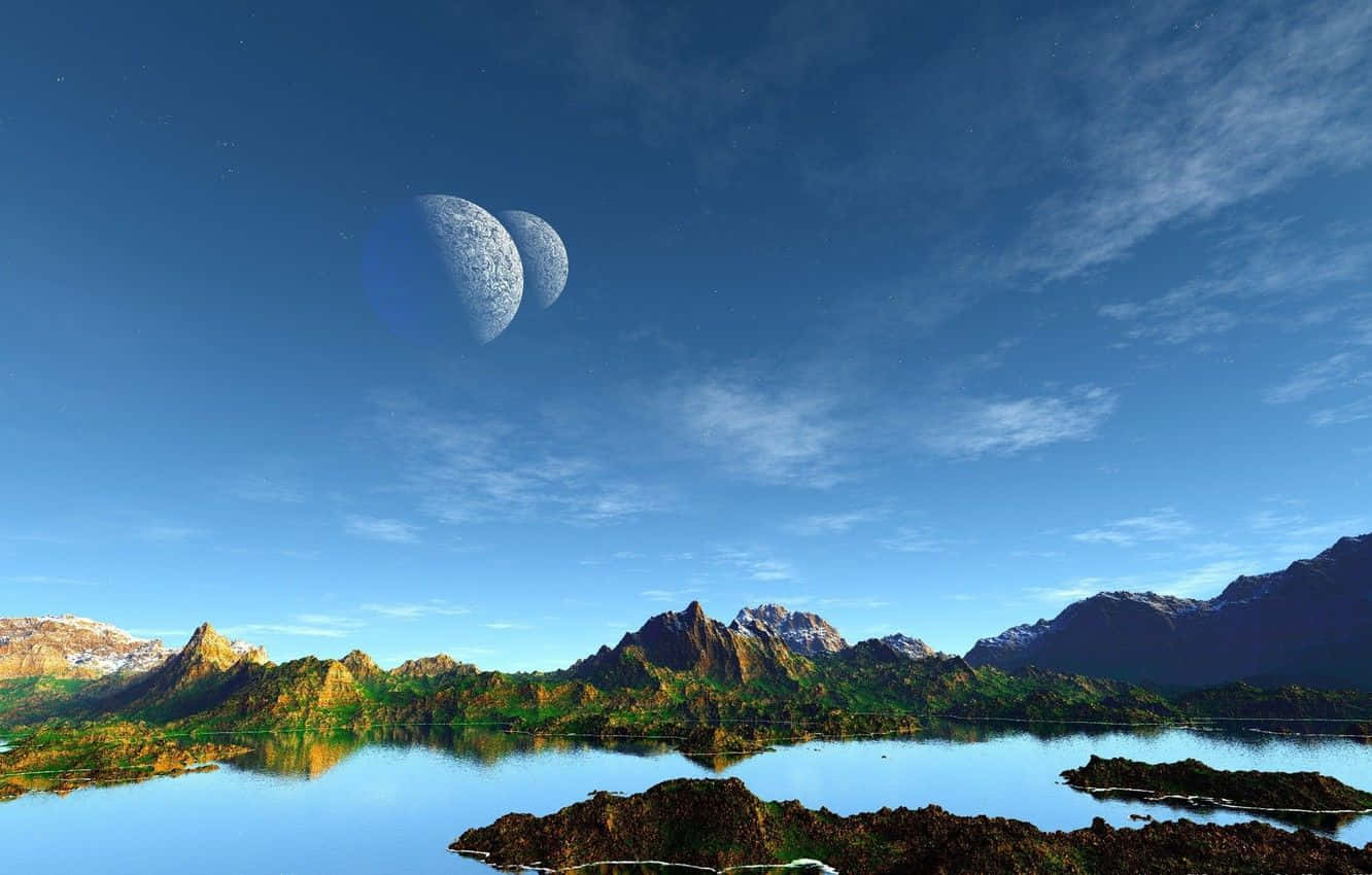 exoplanet, twin moons, calm lake, HD Desktop Wallpaper