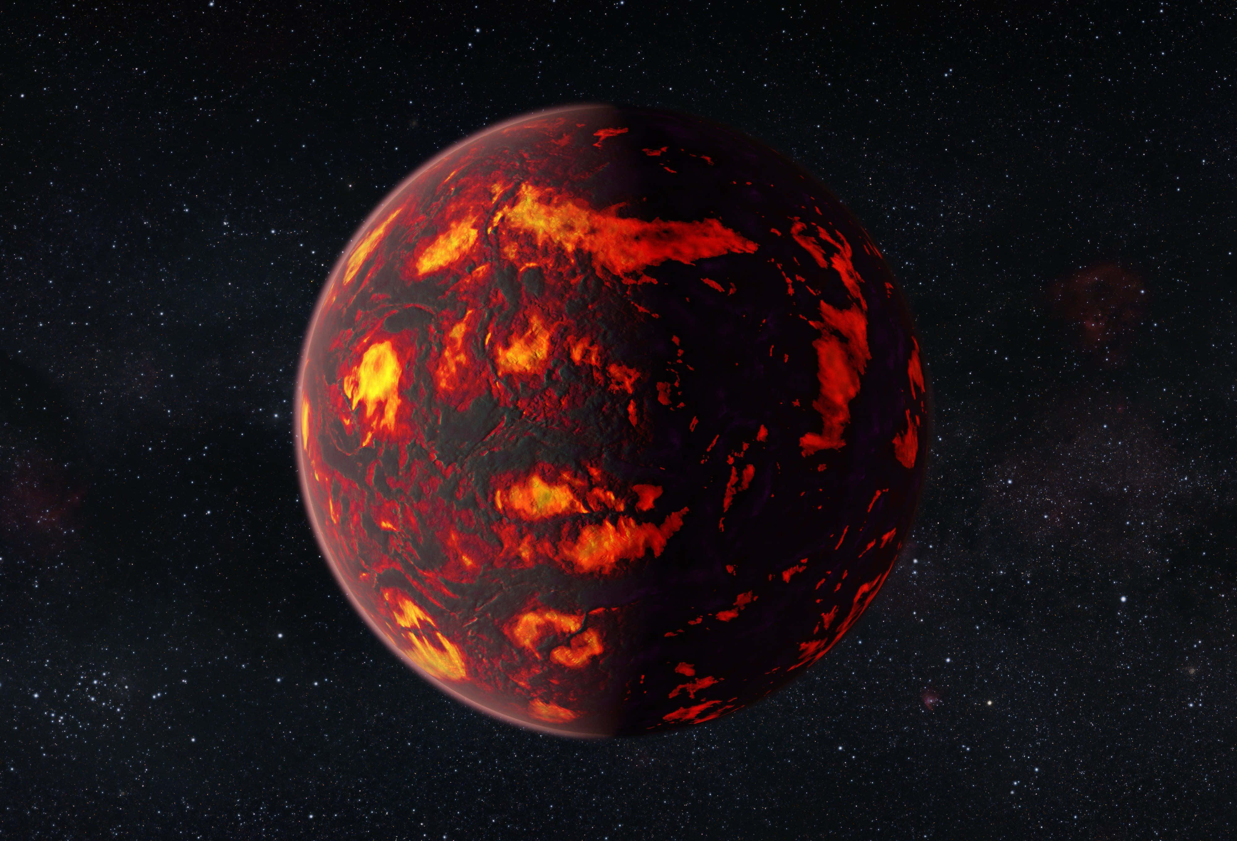 Exoplanet 4000 x 2720, glowing orange lava flows, starry cosmic backdrop, 4K Desktop Wallpaper