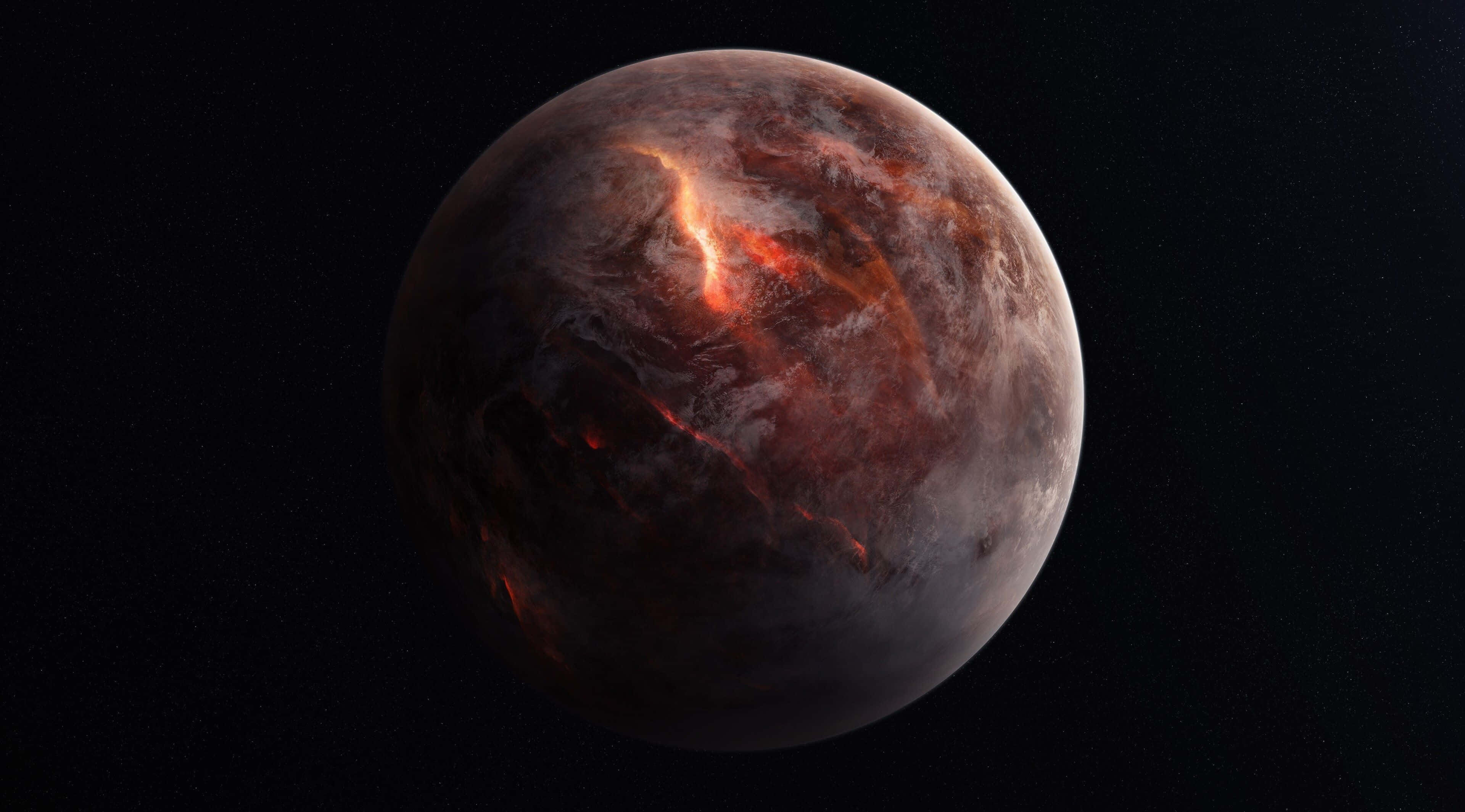 Exoplanet, fiery volcanic planet, glowing orange lava flows, 4K Desktop Wallpaper