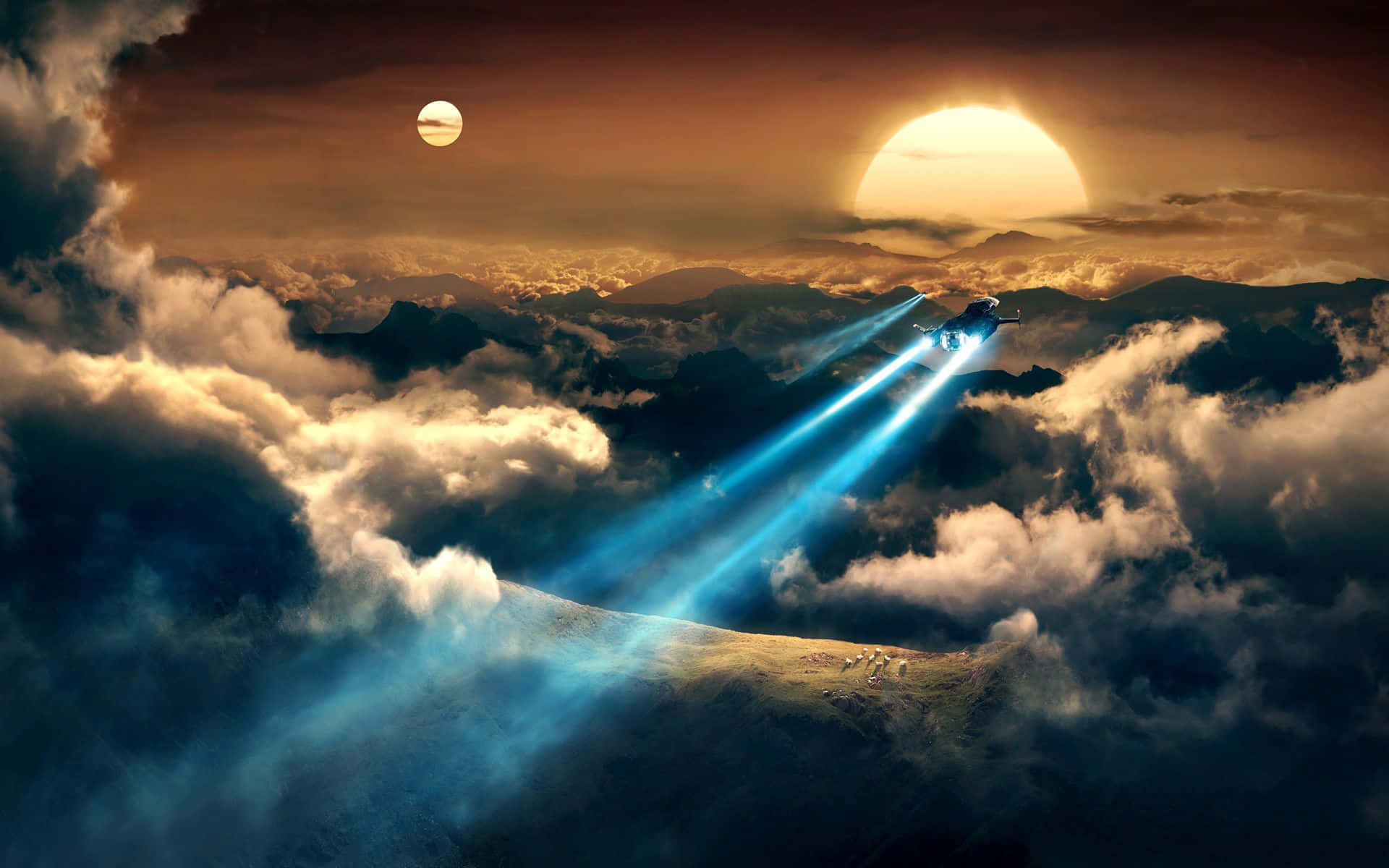 Exoplanet, futuristic spacecraft, stormy clouds, Full HD Desktop Wallpaper
