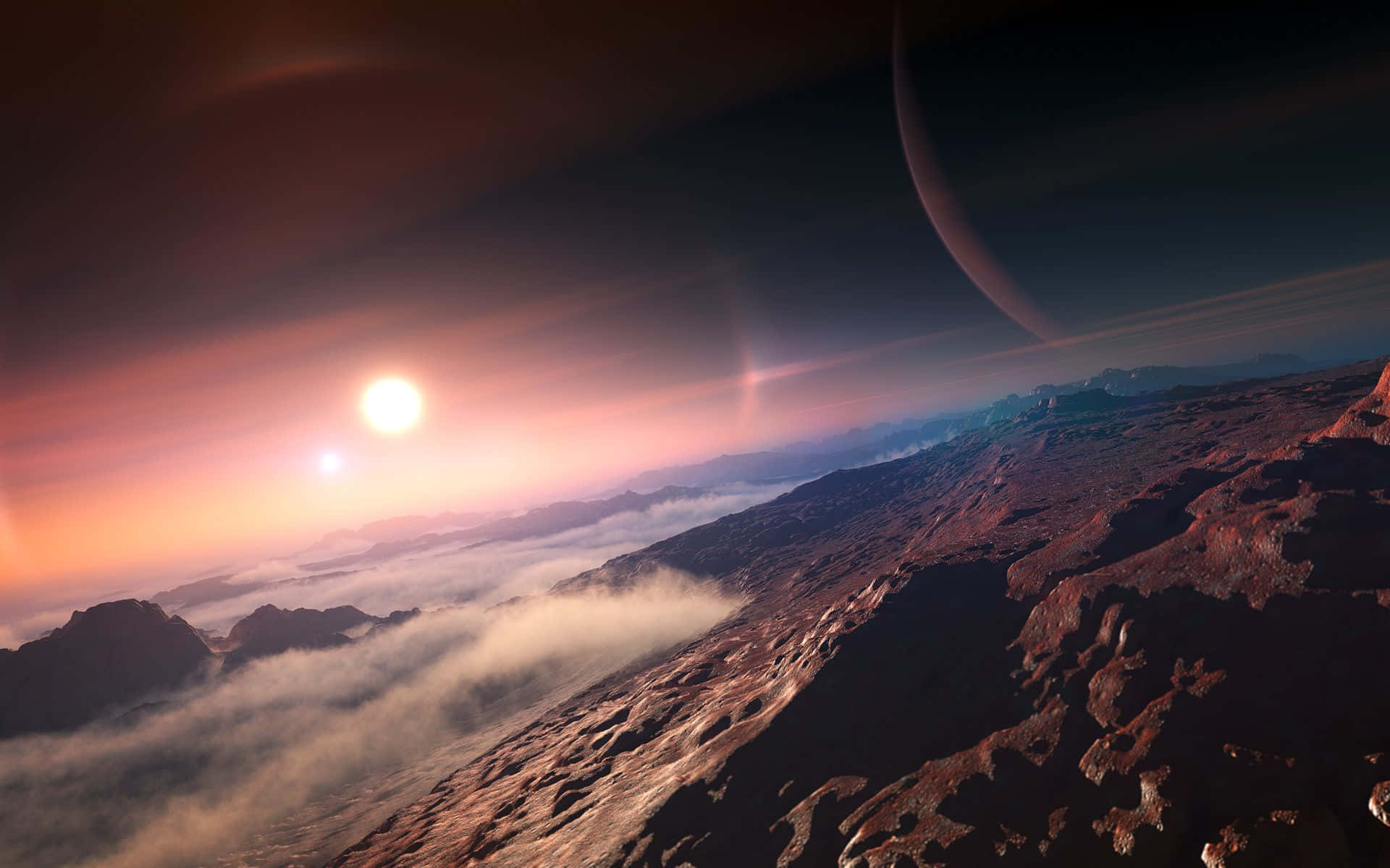 Exoplanet, sunset, glowing sun, Full HD Desktop Wallpaper