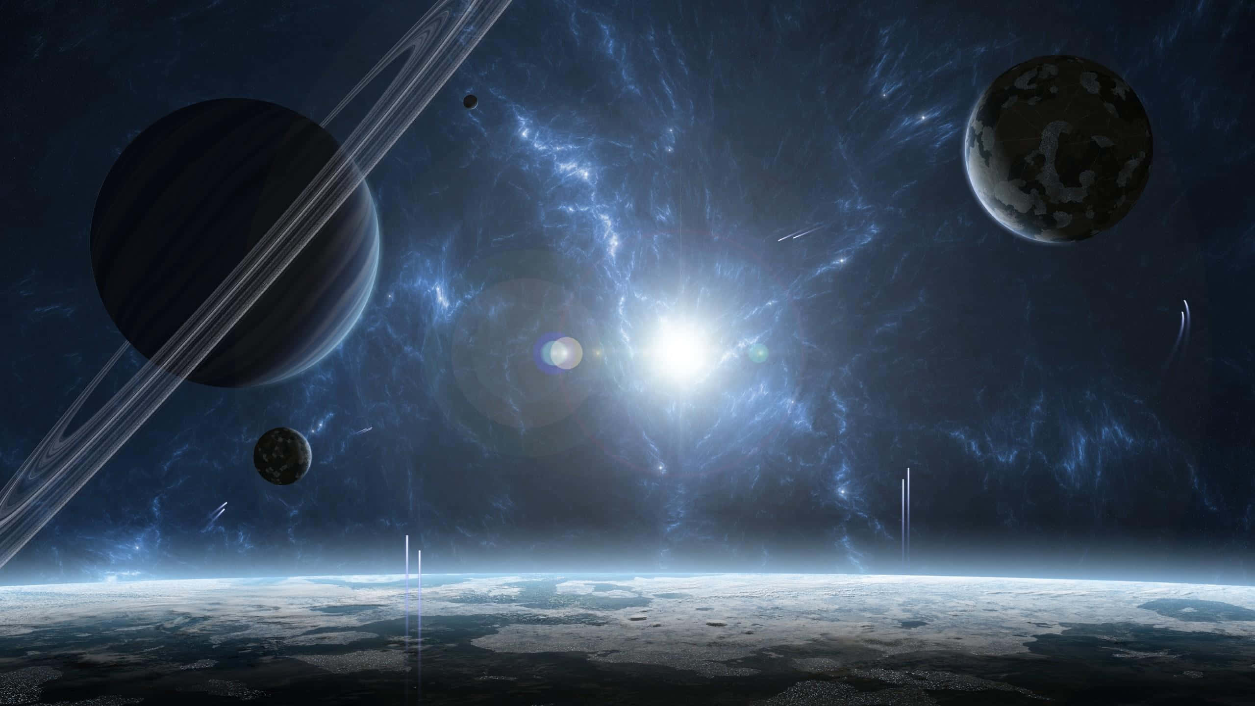 Exoplanet, ringed gas giant, starburst, 2K Desktop Wallpaper