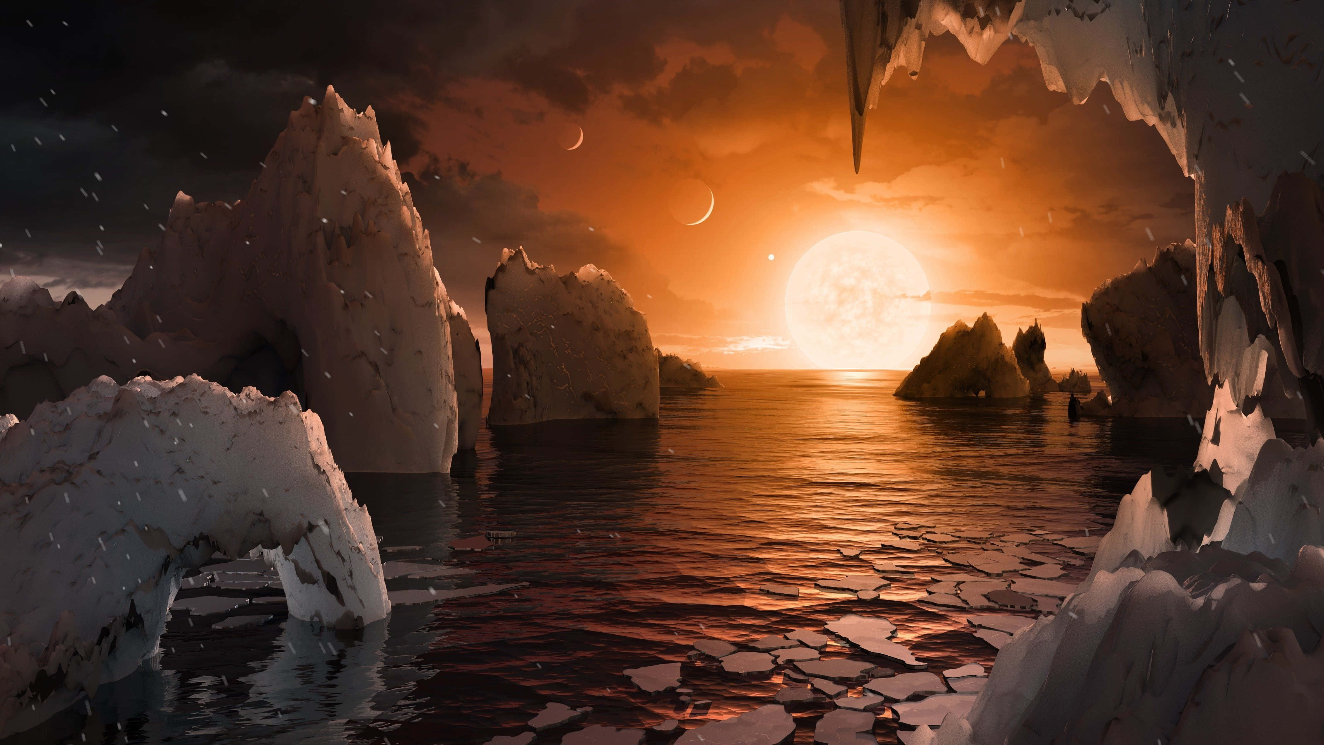 Exoplanet 4519, sunset, jagged ice formations, 4K Desktop Wallpaper