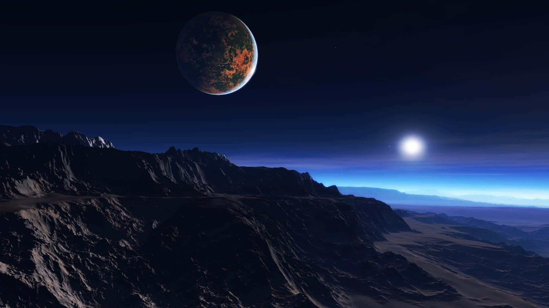 Exoplanet, sunset hues, rugged alien mountain range, Full HD Desktop Wallpaper