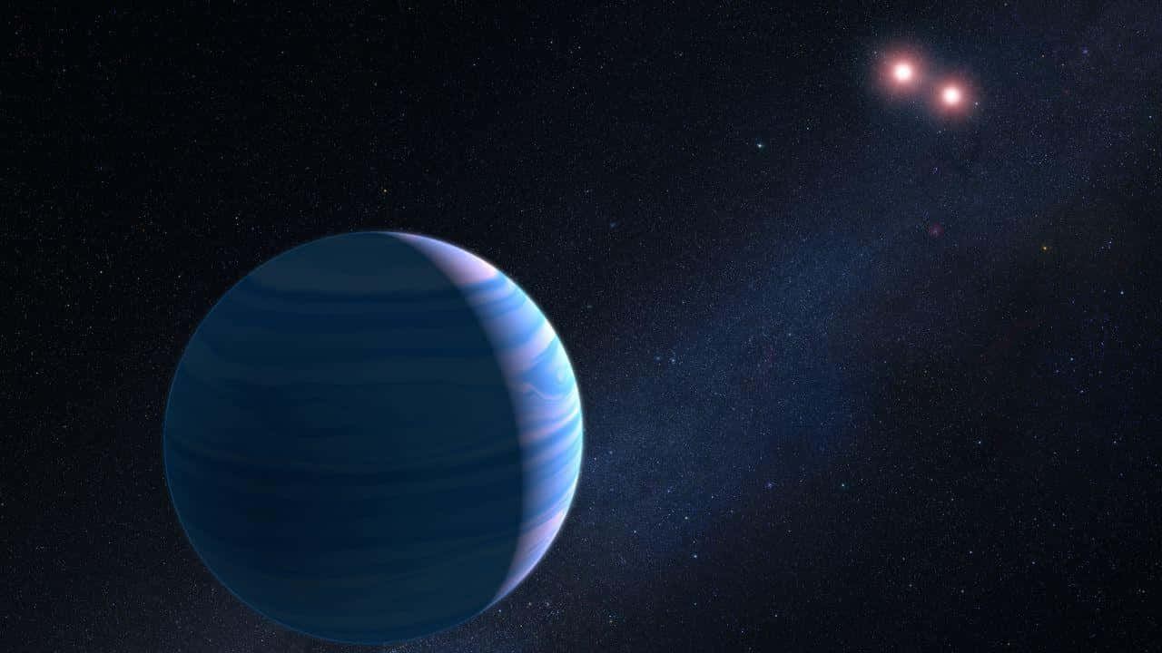 Exoplanet, blue striped gas giant, two glowing red stars, HD Desktop Wallpaper