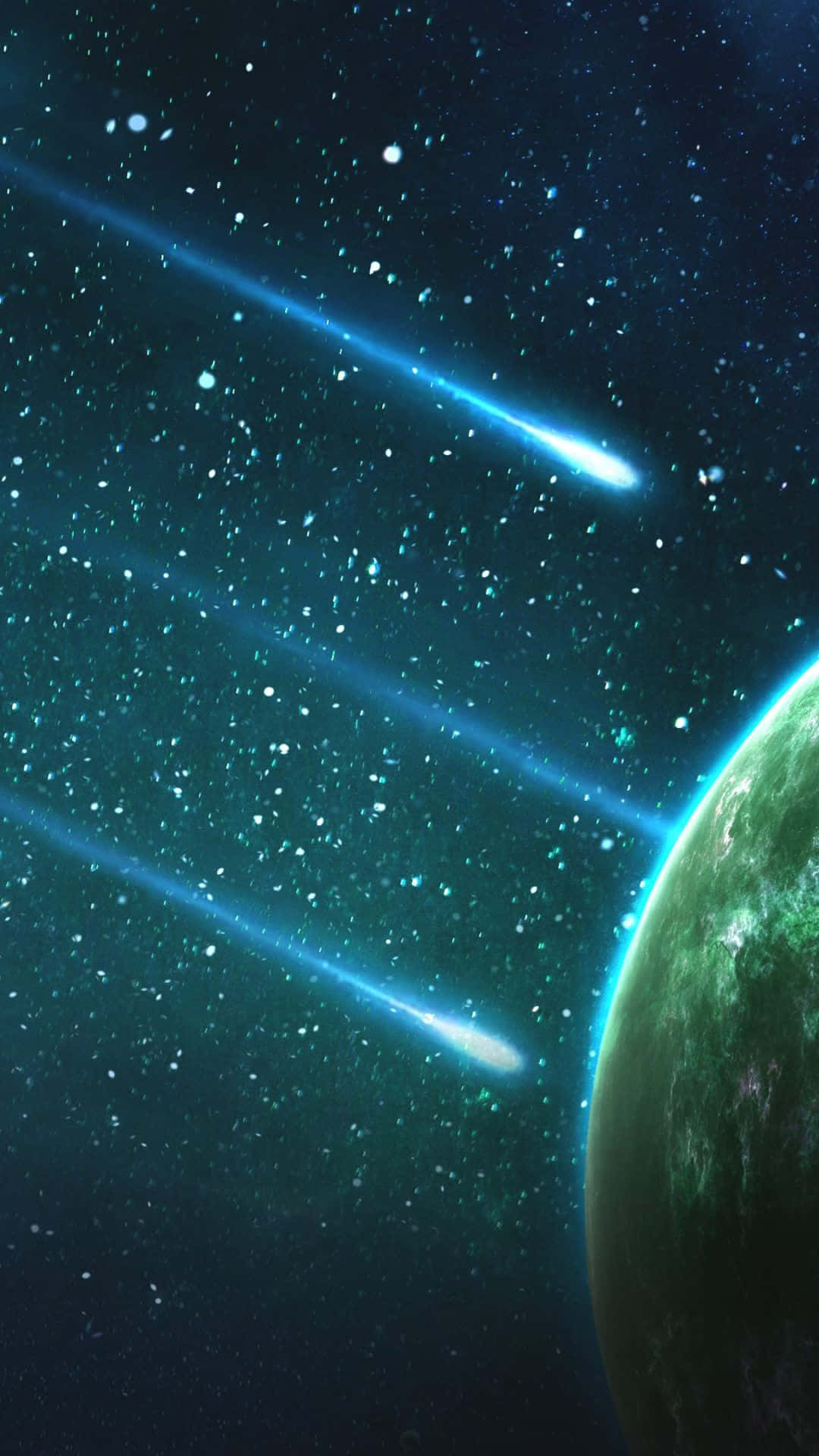 Exoplanet, glowing blue meteors, green planet, Full HD Phone Wallpaper