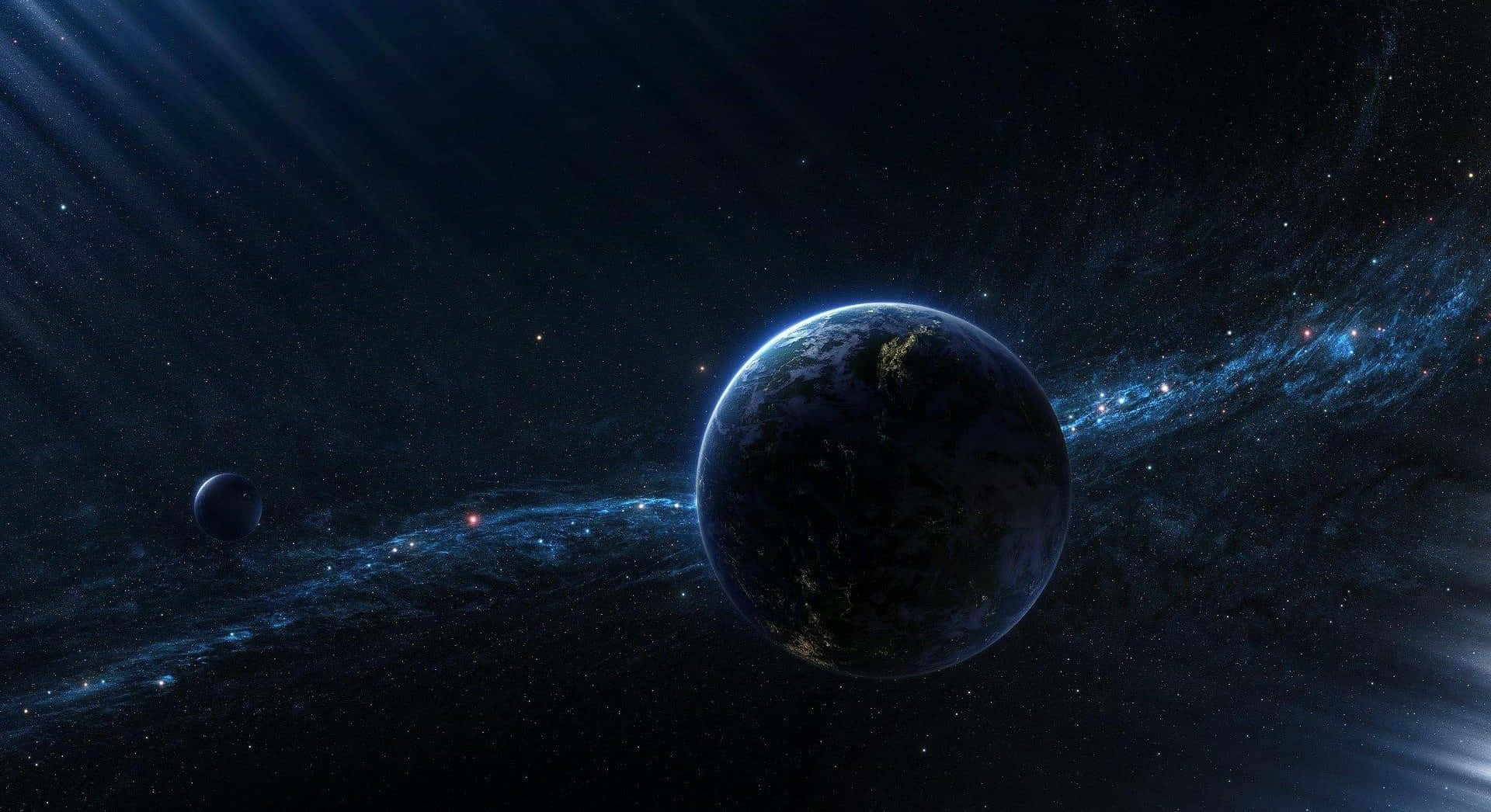 Exoplanet, blue planet, glowing city lights, Full HD Desktop Wallpaper