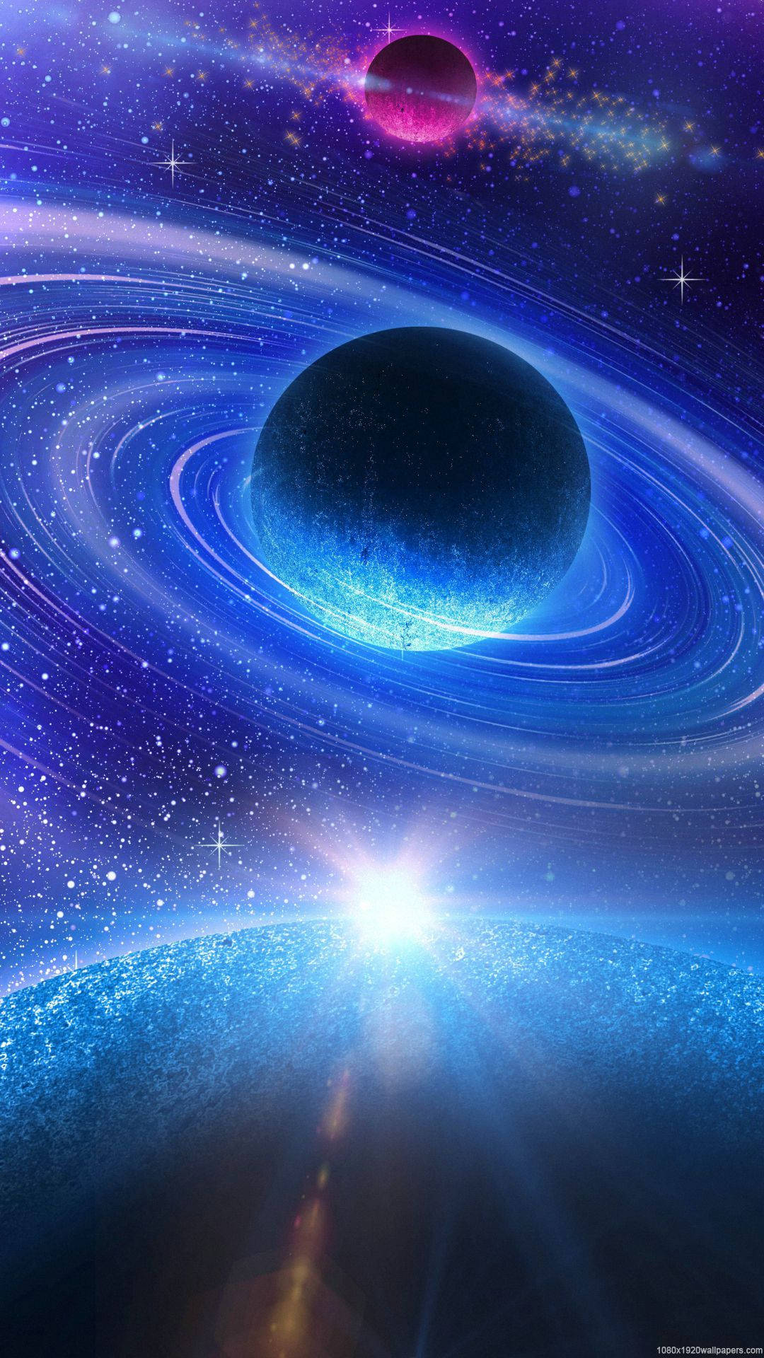 glowing blue planet with rings, pink planet, bright sun, Full HD Phone Wallpaper