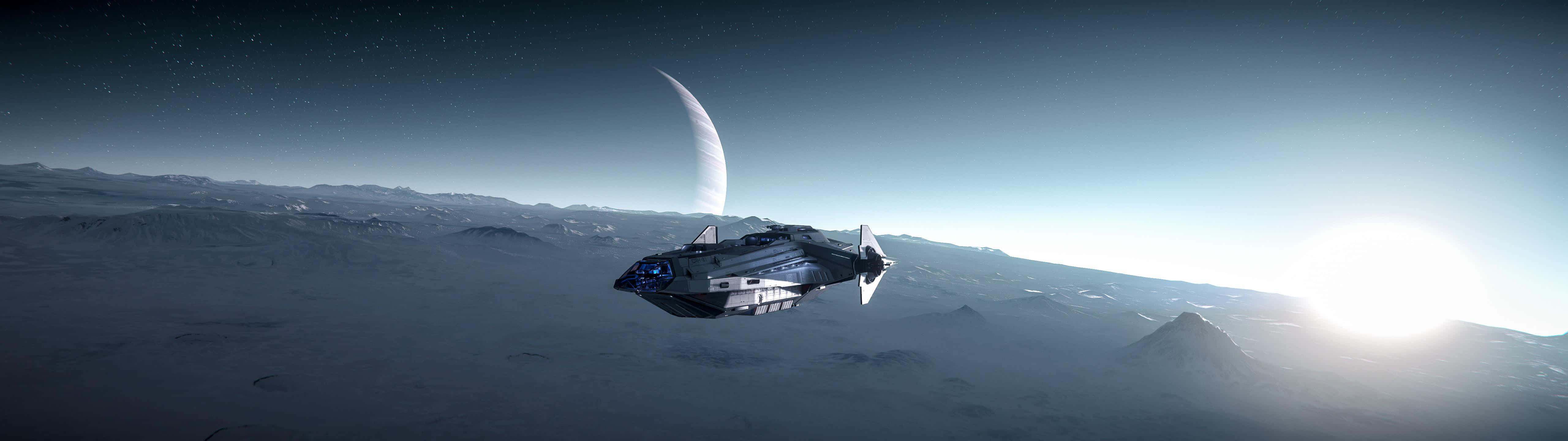 spaceship, icy planet, snow-covered alien mountain range, 5K Desktop Wallpaper
