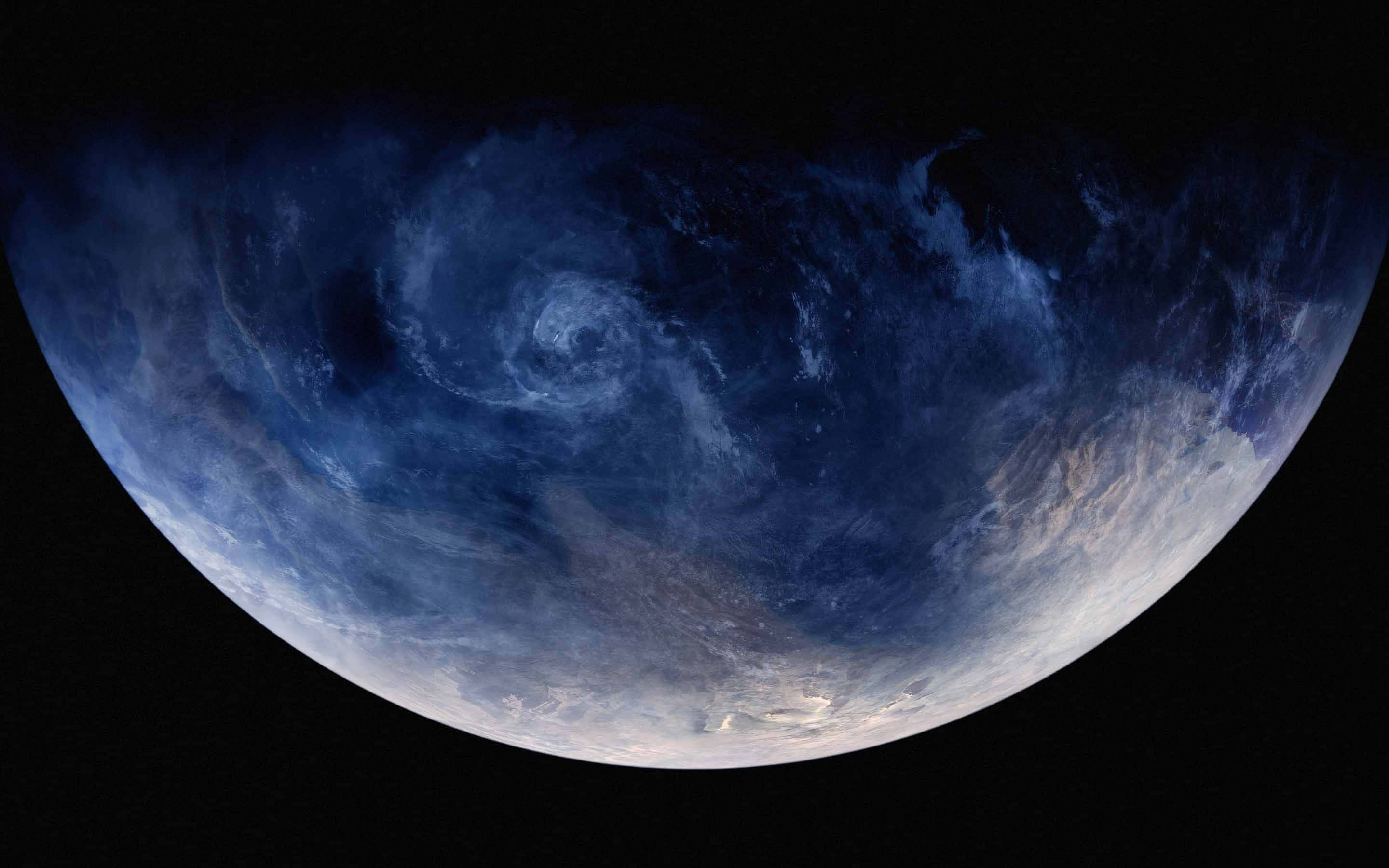 Exoplanet, swirling blue planet, storm clouds, 2K Desktop Wallpaper