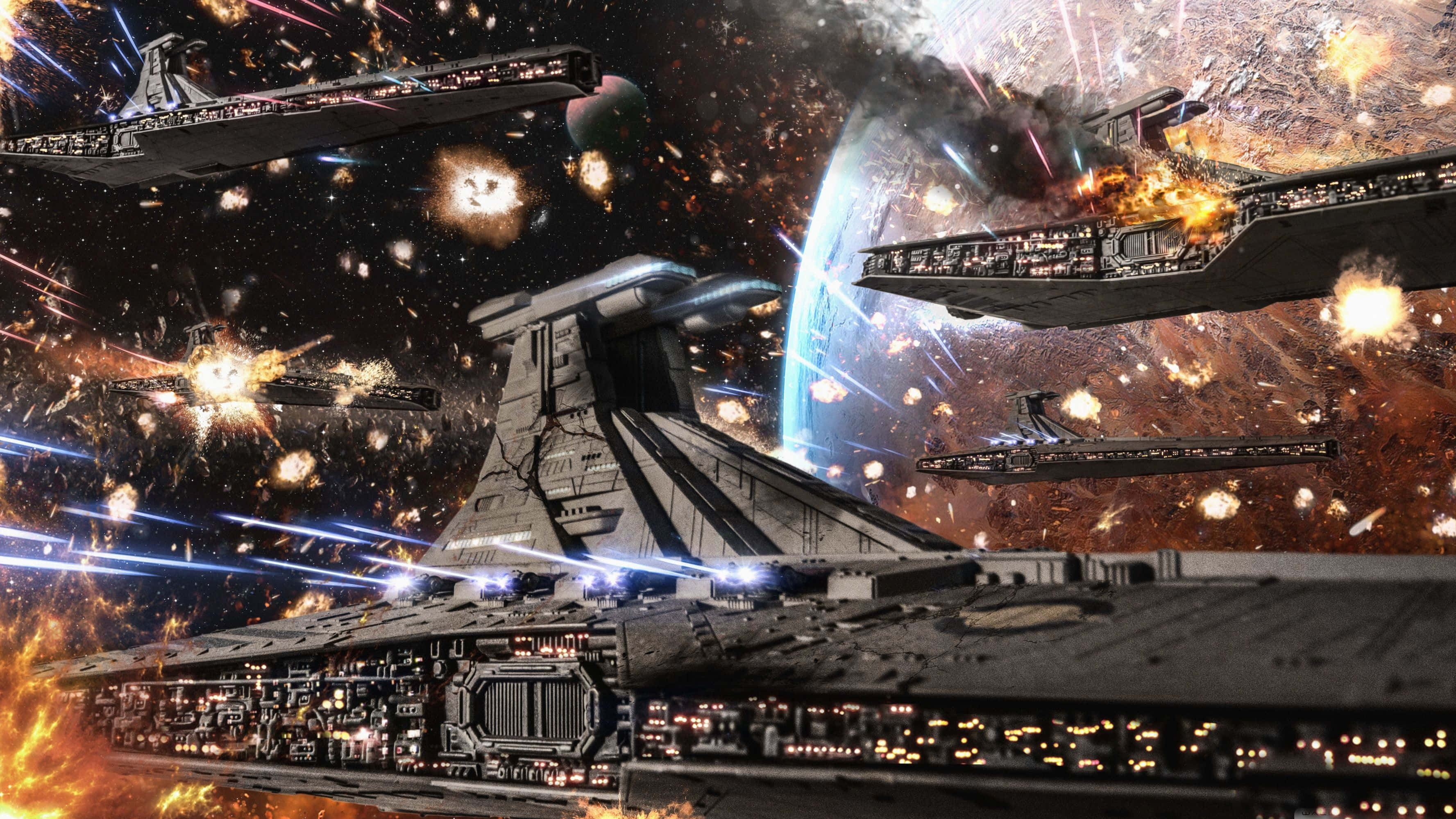 epic space battle scene, massive starships, blue planet, 2K Desktop Wallpaper