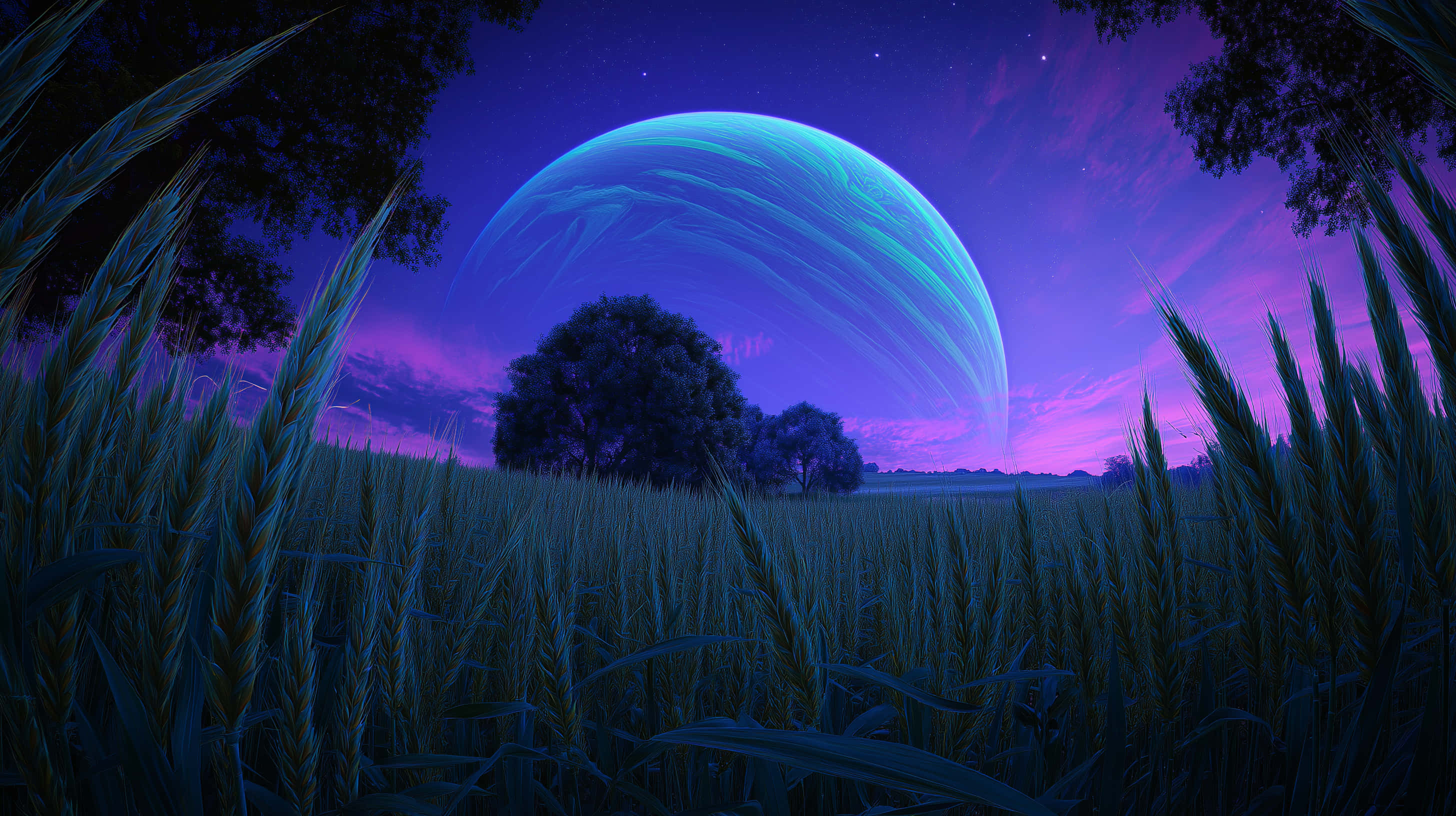 Exoplanet, glowing blue planet, twilight sky, 2K Desktop Wallpaper