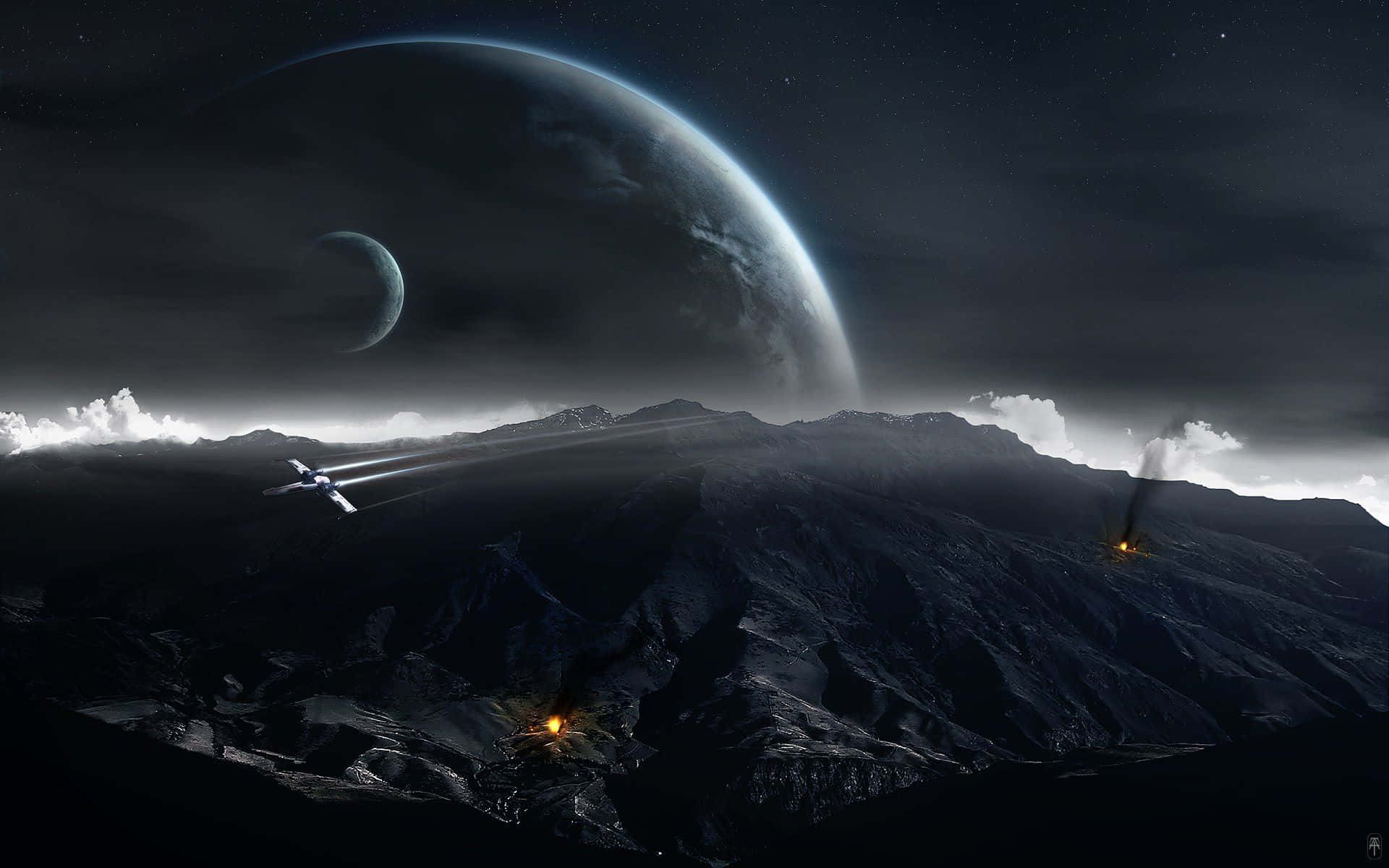 spaceship, rugged alien mountain range, vast starry sky, Full HD Desktop Wallpaper