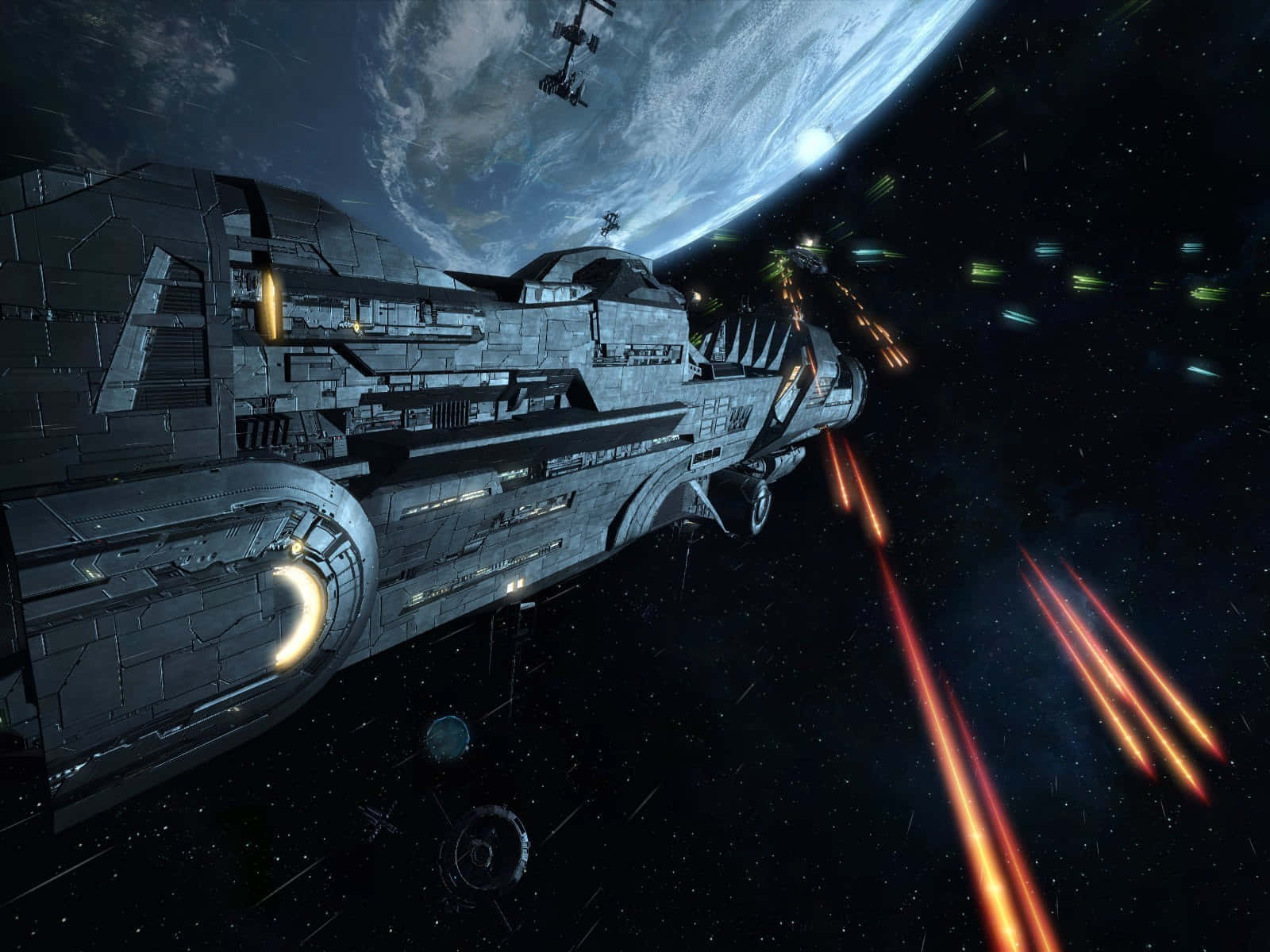 futuristic spaceship, glowing orange lasers, blue planet, HD Desktop Wallpaper