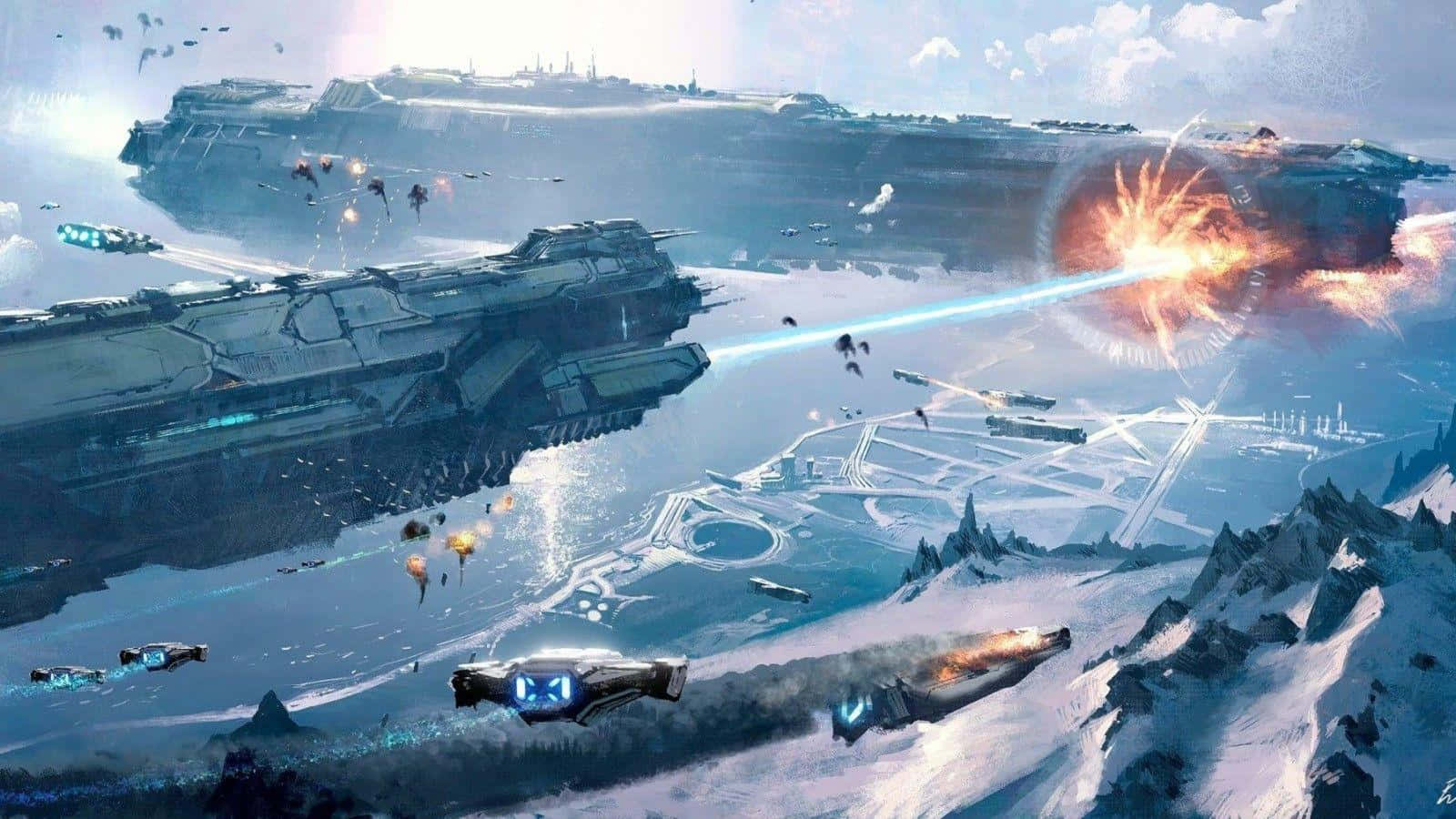 epic space battle, snowy mountainous planet, futuristic warships, HD Desktop Wallpaper