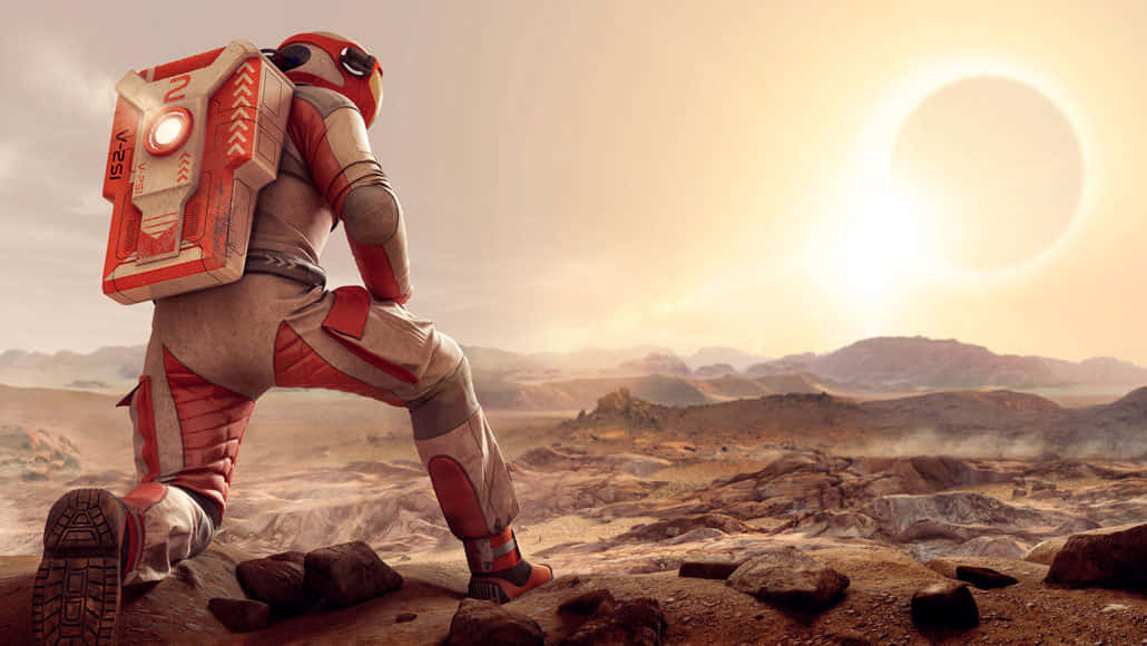 astronaut, red and white gear, rocky alien planet, SD Desktop Wallpaper