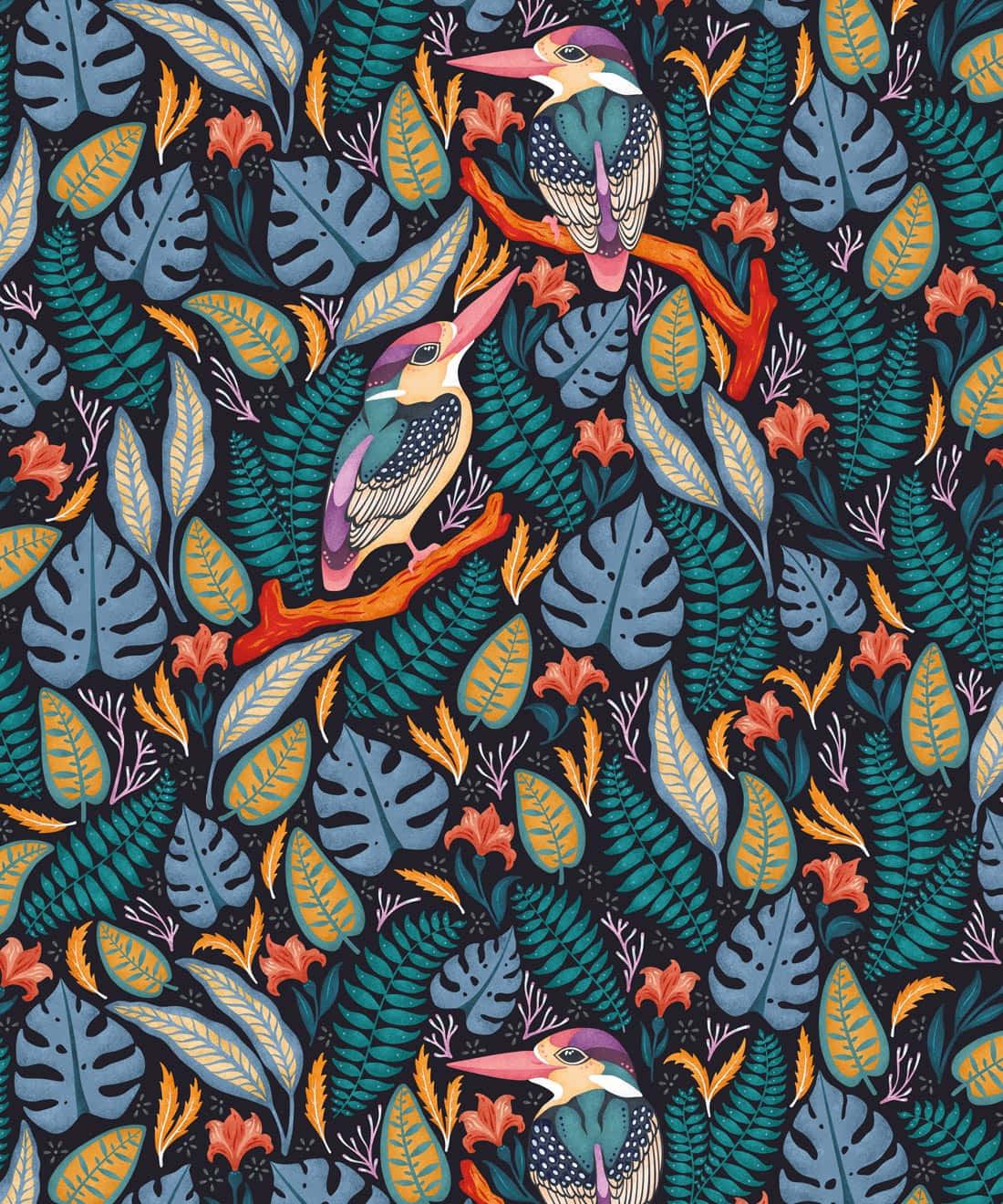 Exotic, intricate leaves, kingfishers, HD Phone Wallpaper