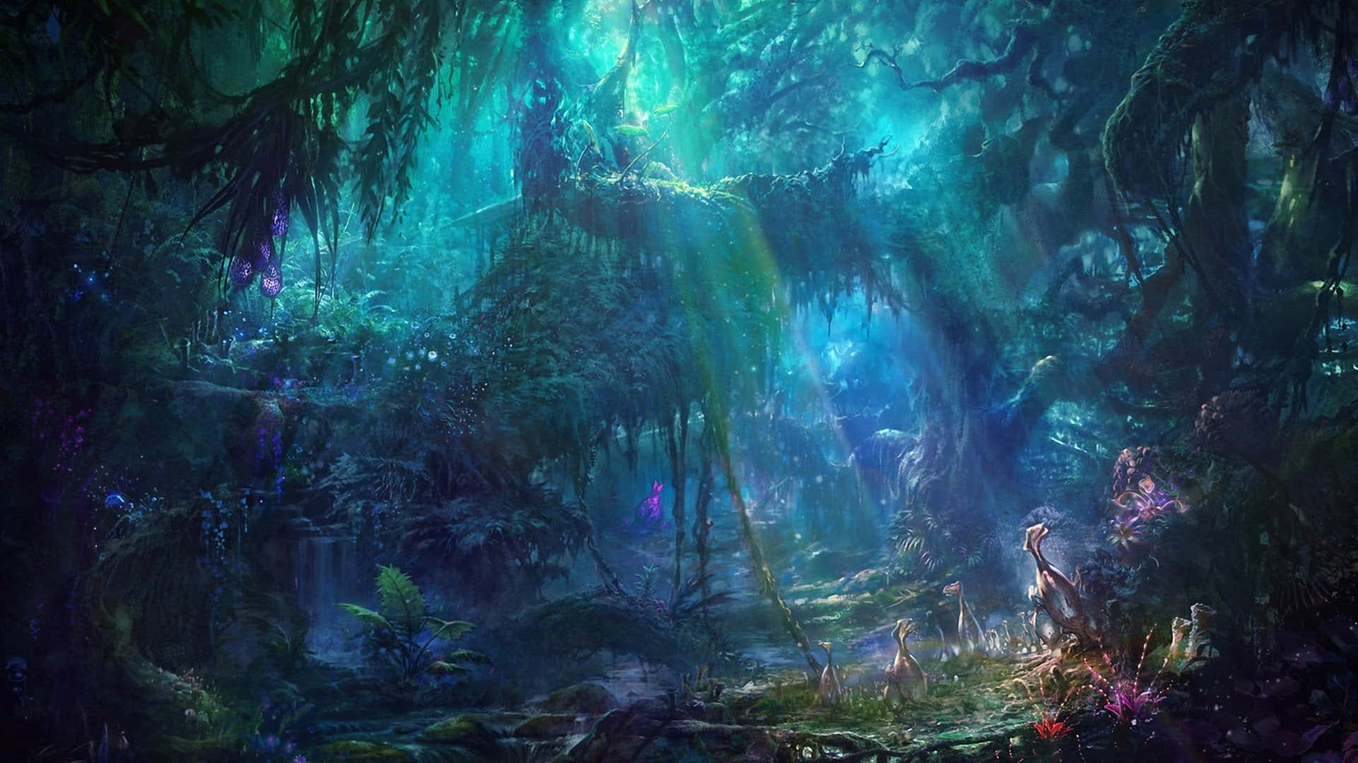 Exotic Forest Sunlight, ancient trees, moss, Full HD Desktop Wallpaper