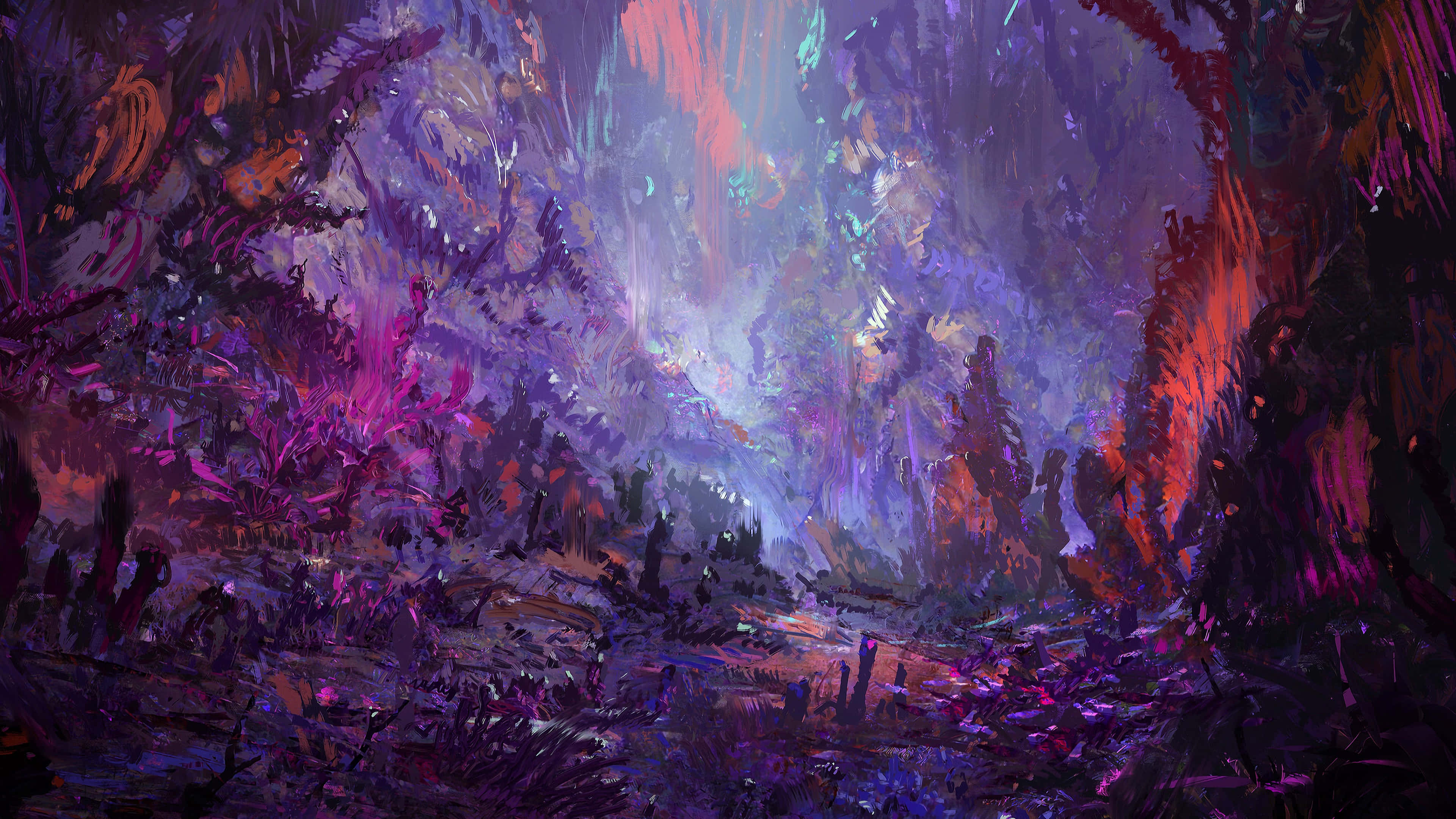 Exotic Woods Art, glowing purple, orange alien forest, 4K Desktop Wallpaper