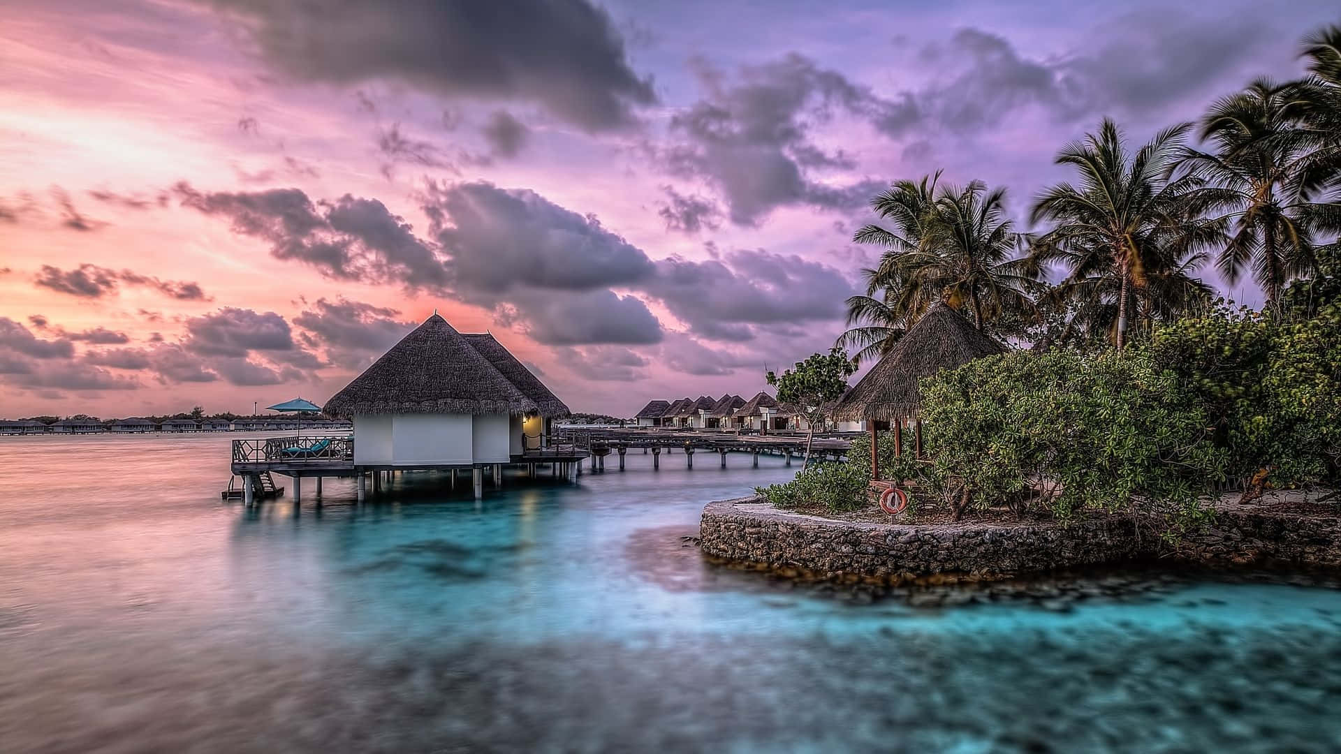 Exotic, nipa hut, sunset, Full HD Desktop Wallpaper