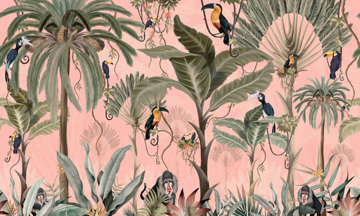 Exotic Palm Trees Art, toucans, monkeys, SD Desktop Wallpaper