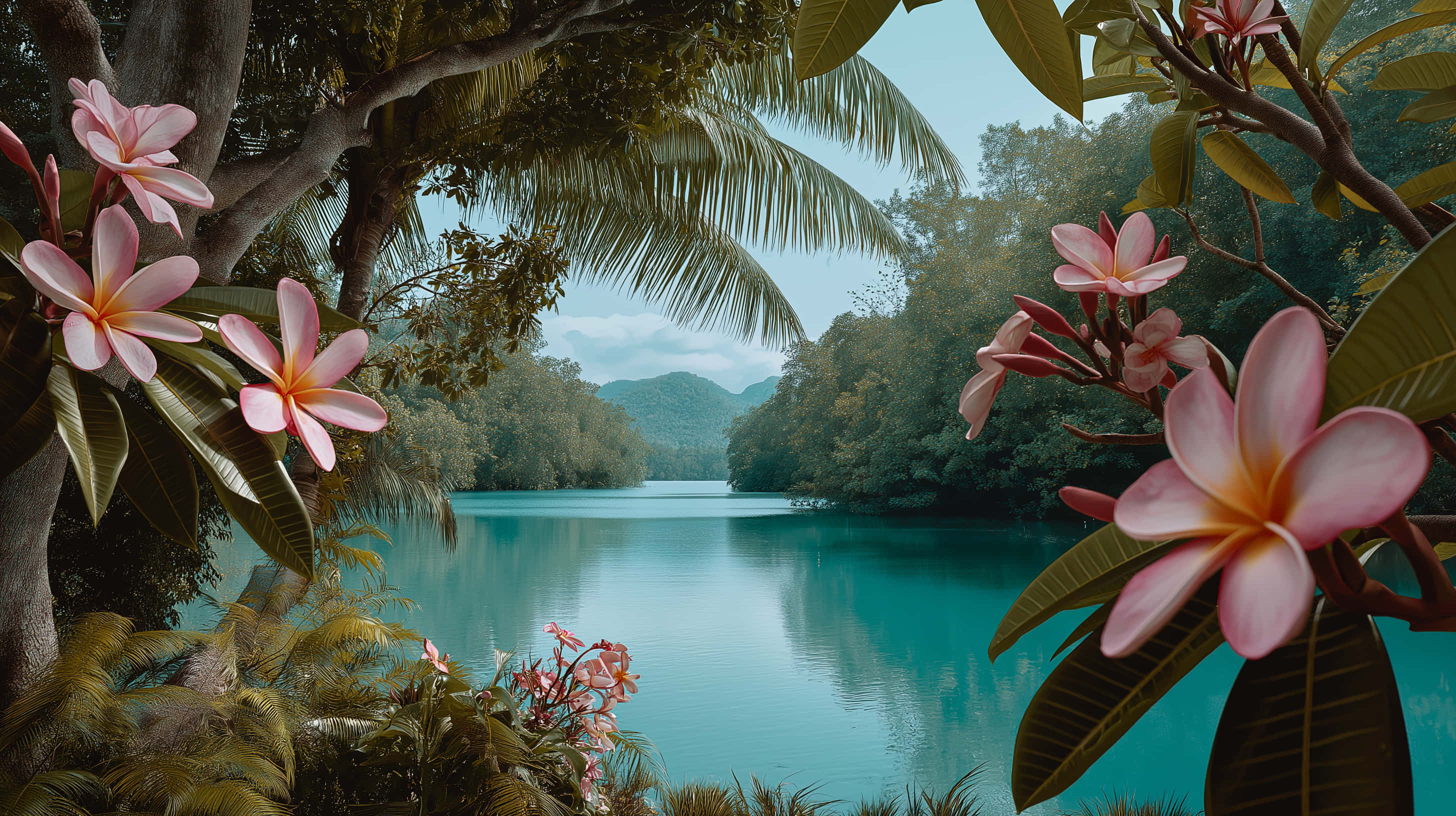frangipani, turquoise lake, palm trees, 2K Desktop Wallpaper