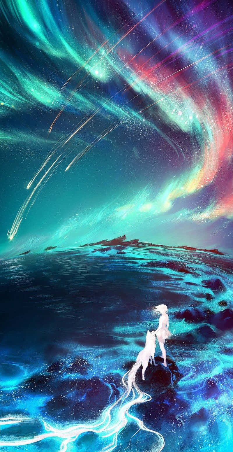 Exotic Girl With Wolf, cosmic shore, swirling aurora, HD Phone Wallpaper
