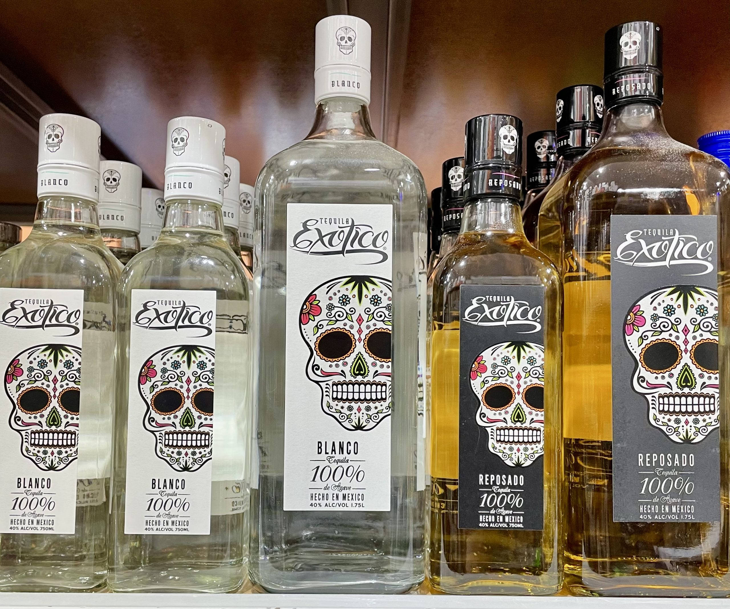 Exotico, tequila bottles, colorful sugar skull labels, 2K Desktop Wallpaper