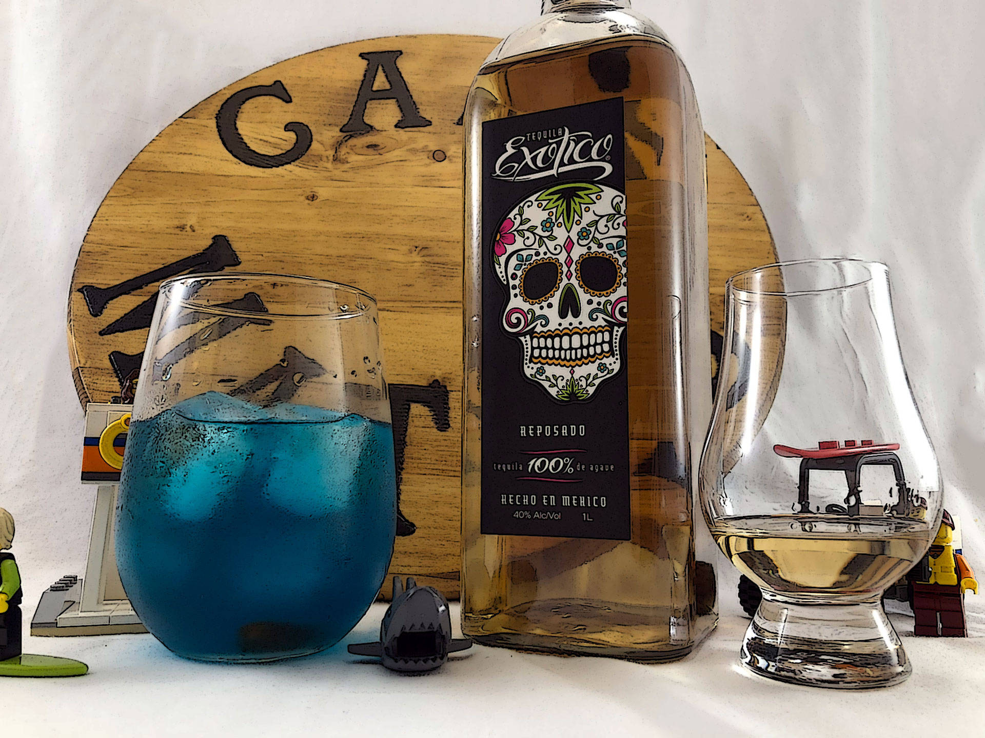 Exotico, tequila blue cocktail, sugar skull label, Full HD Desktop Wallpaper