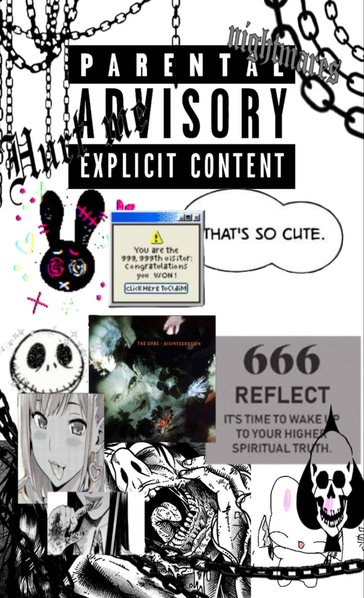 horror anime characters, parental advisory labels, surreal text elements, Full HD Phone Wallpaper