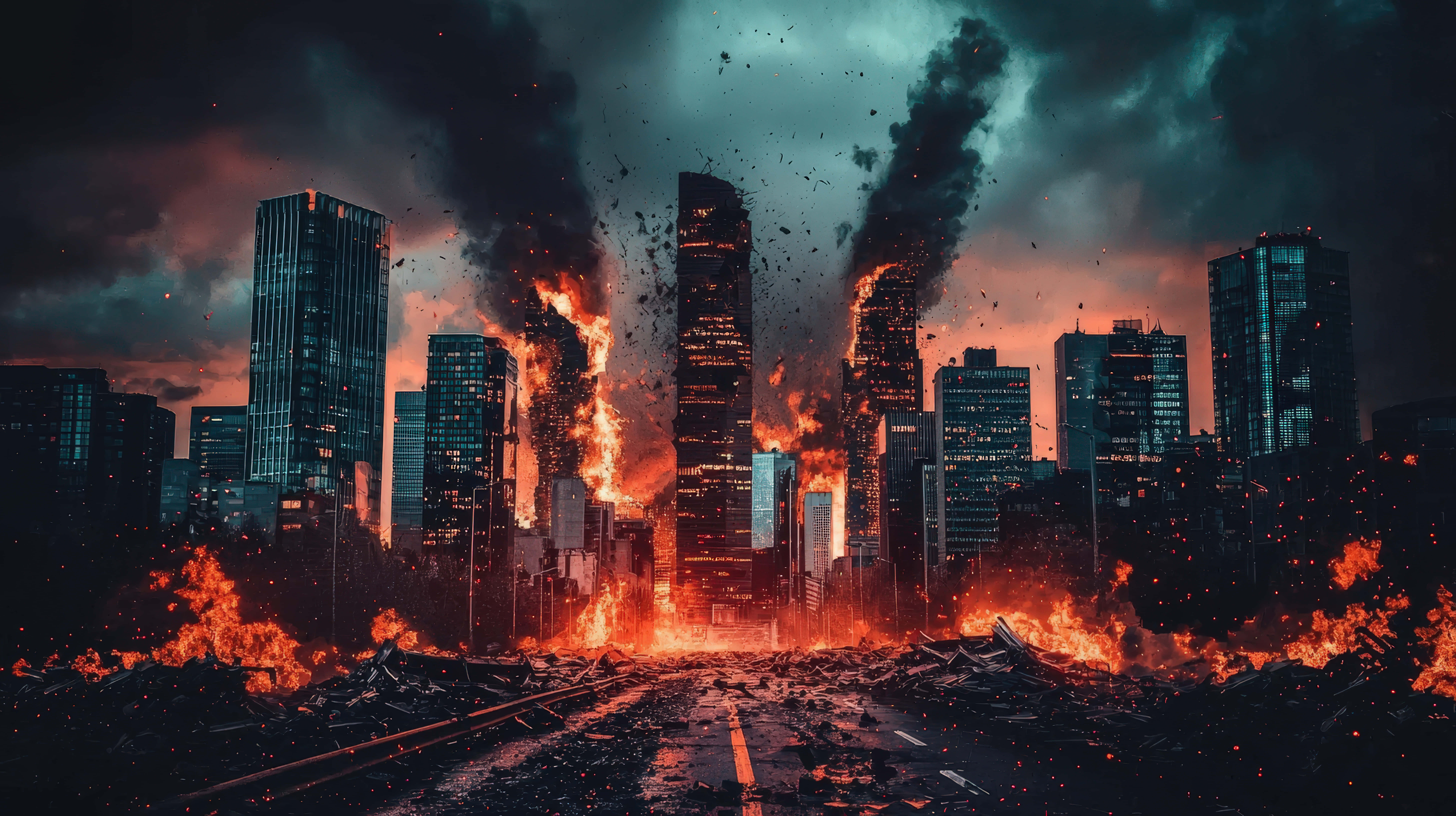 dystopian scene, city engulfed in flames, skyscrapers collapsing, 8K Desktop Wallpaper