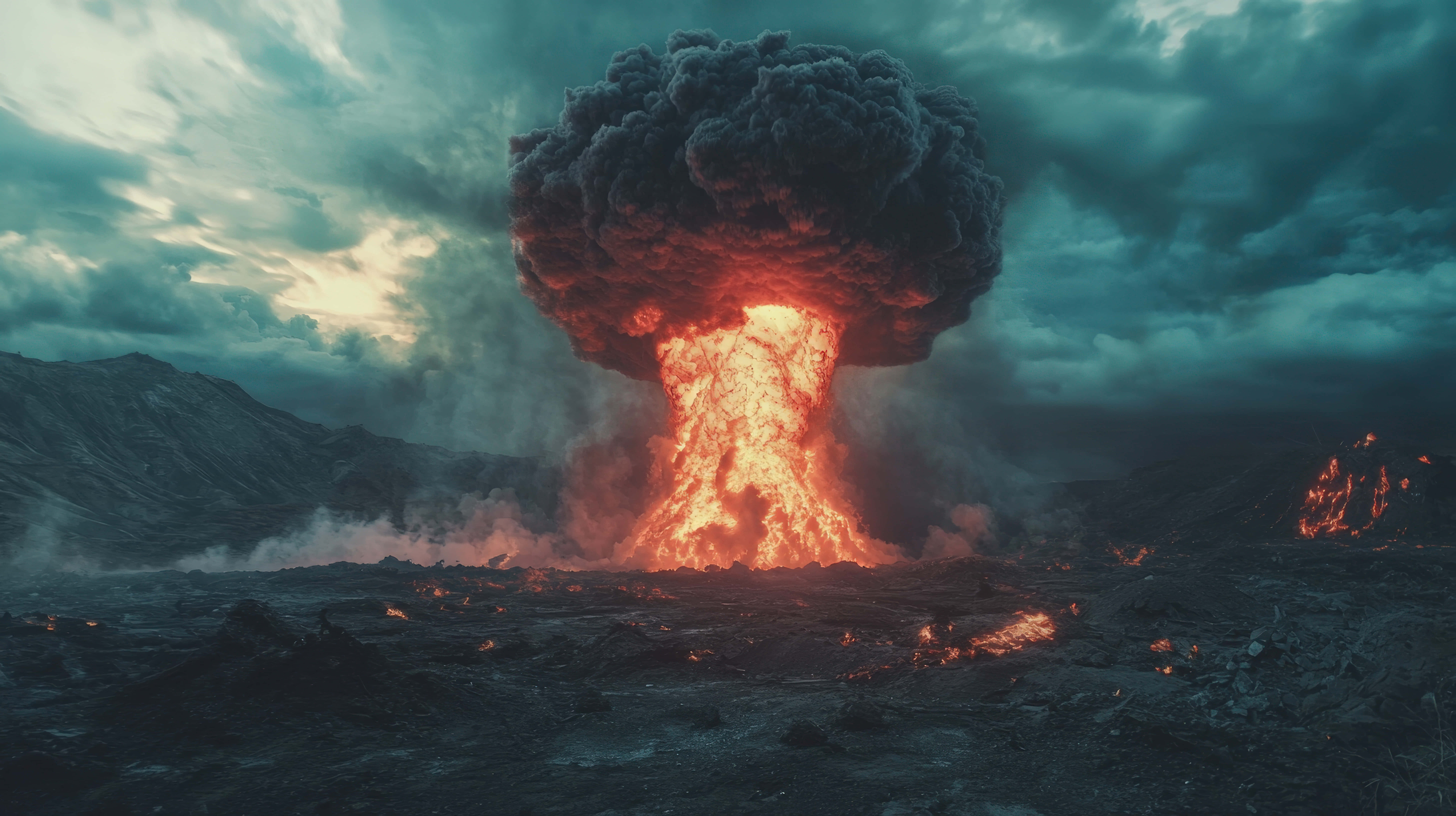 mushroom cloud, fiery, stormy teal sky, 8K Desktop Wallpaper
