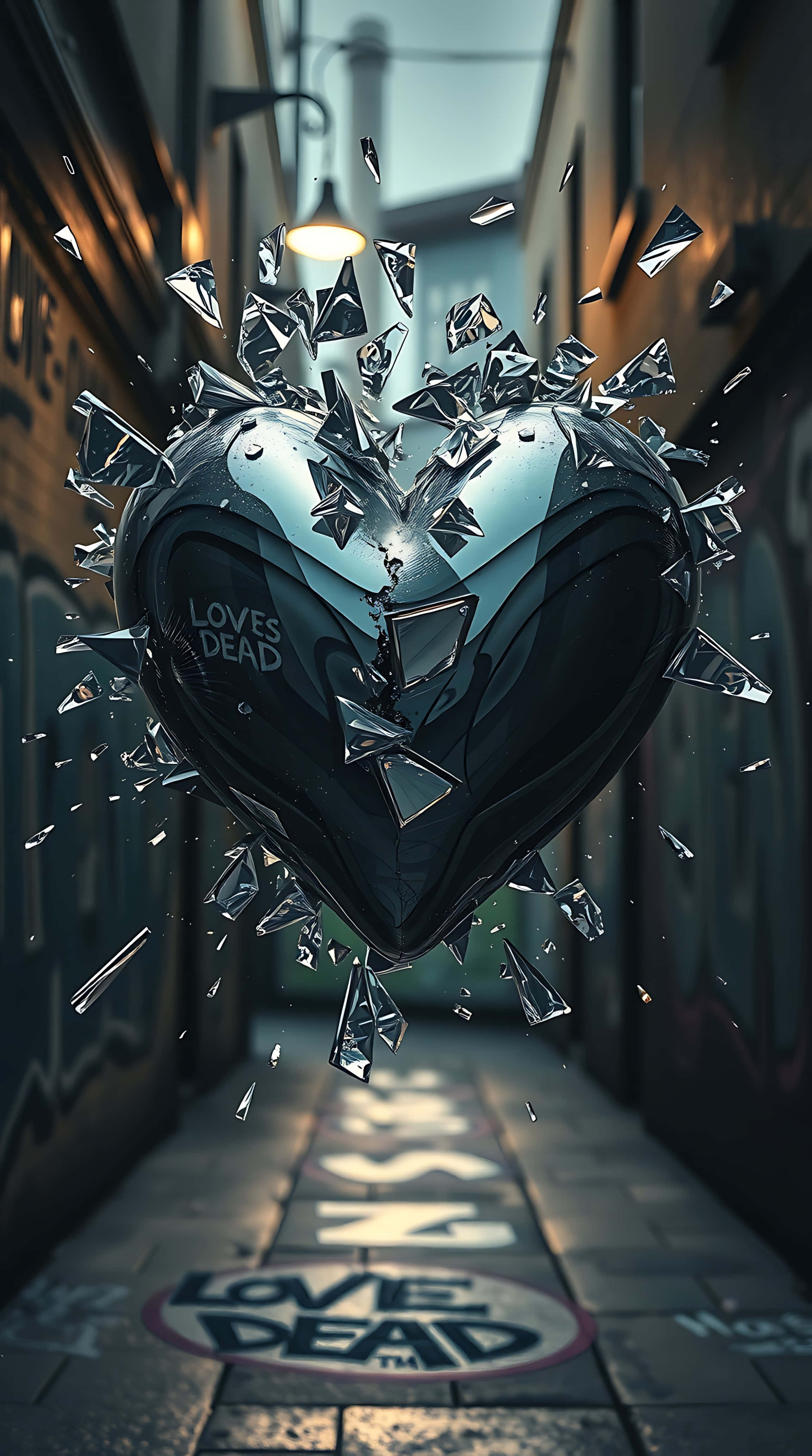 shattered metallic heart, graffiti alley, streetlamp, 4K Phone Wallpaper
