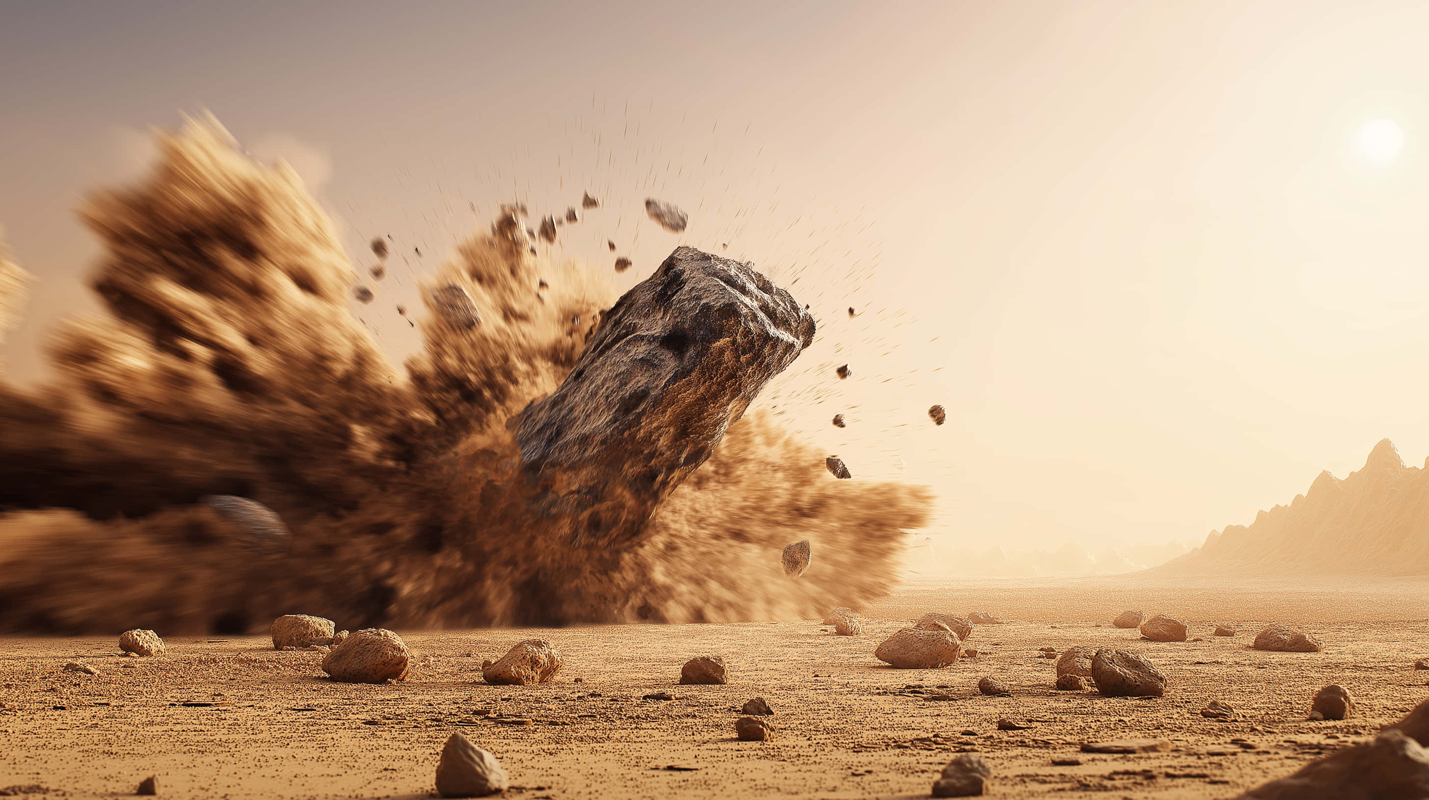 meteorite, desert ground, explosive force, 2K Desktop Wallpaper