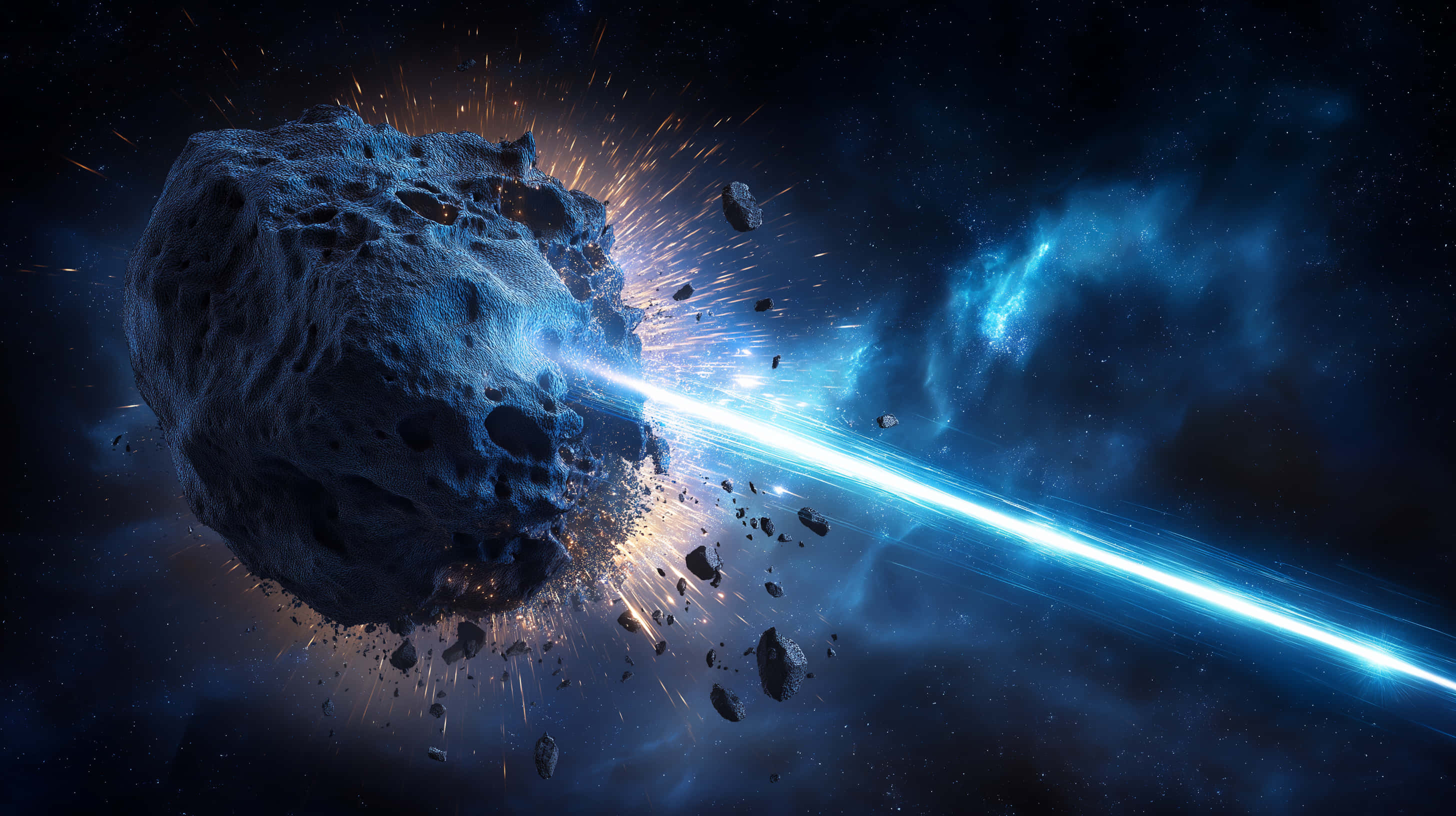 blue energy beam, massive asteroid, shatters in space, 2K Desktop Wallpaper
