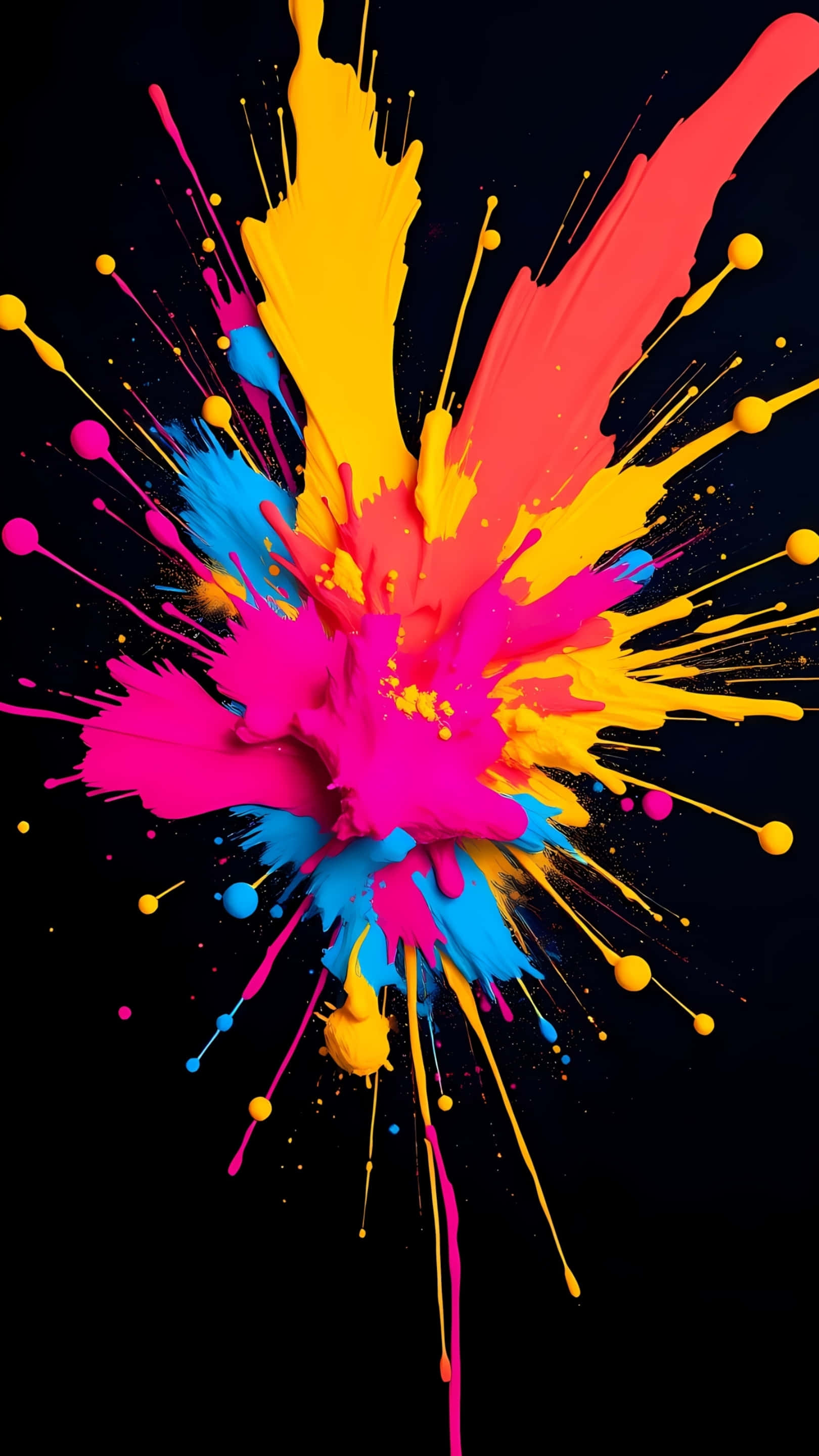vibrant neon paint splatters, central burst, stark black background, 2K Phone Wallpaper