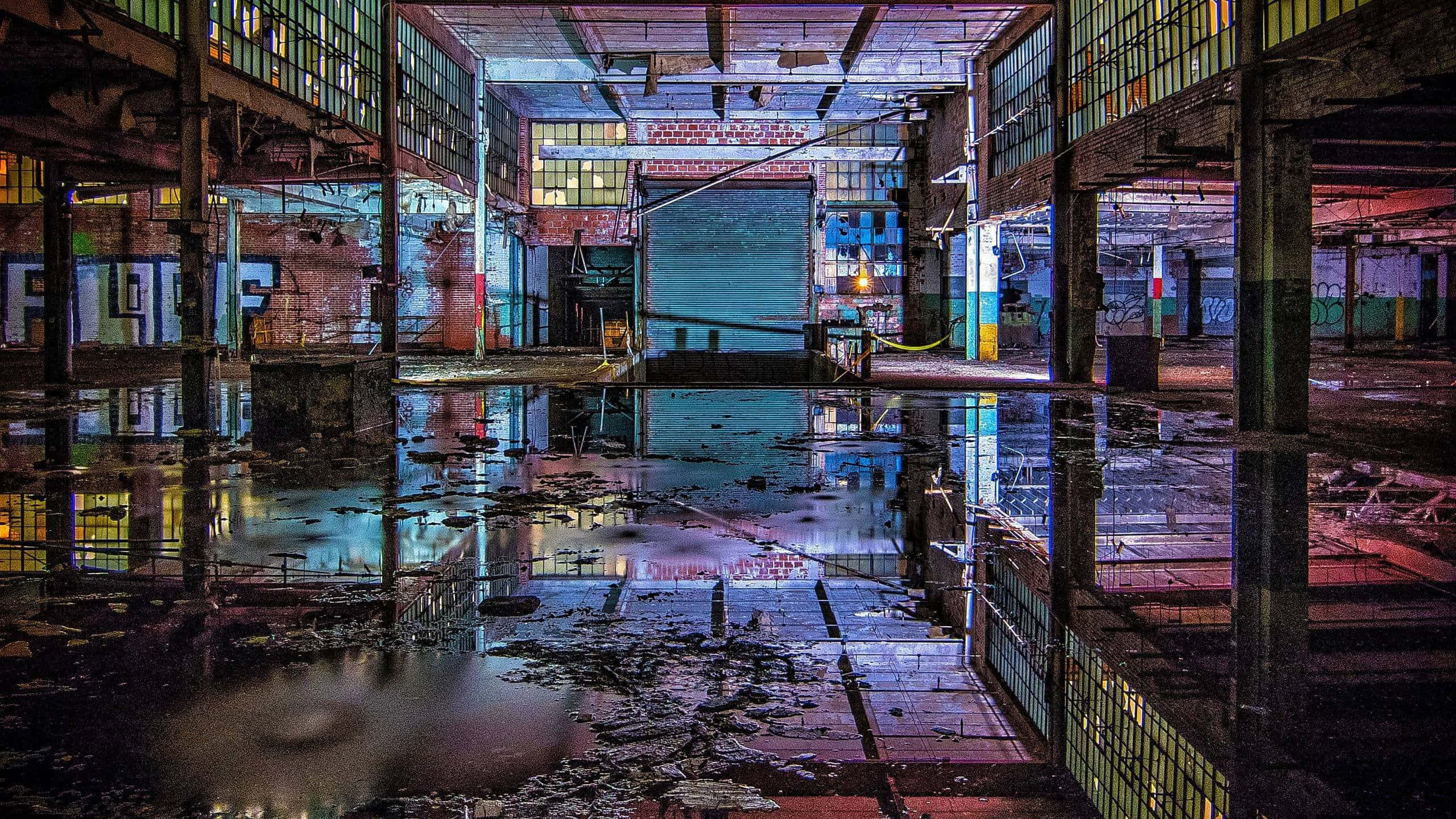 abandoned building, flooded abandoned factory interior, vibrant graffiti, 2K Desktop Wallpaper